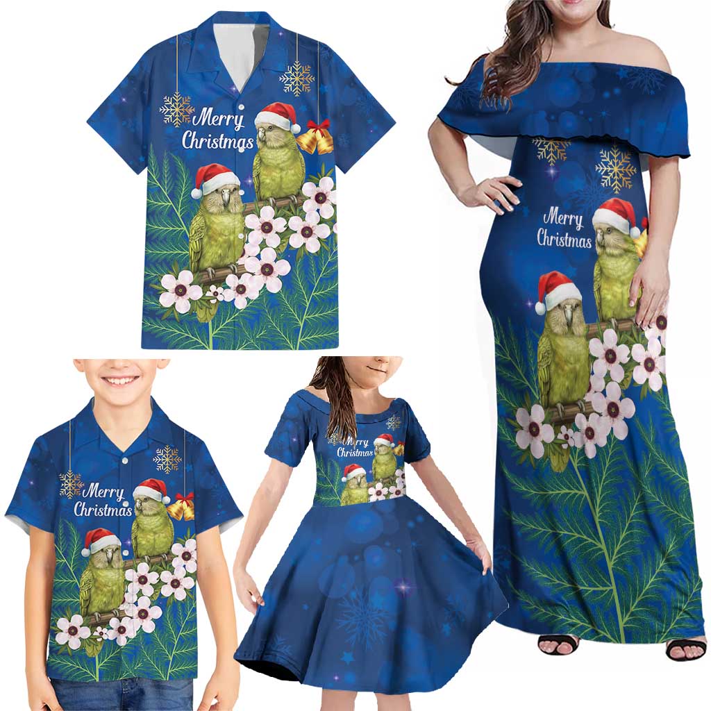 New Zealand Kakapo Christmas Family Matching Off Shoulder Maxi Dress and Hawaiian Shirt Owl Parrot Santa Sliver Fern Manuka - Blue - Polynesian Pride