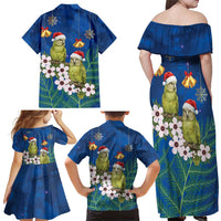 New Zealand Kakapo Christmas Family Matching Off Shoulder Maxi Dress and Hawaiian Shirt Owl Parrot Santa Sliver Fern Manuka - Blue - Polynesian Pride
