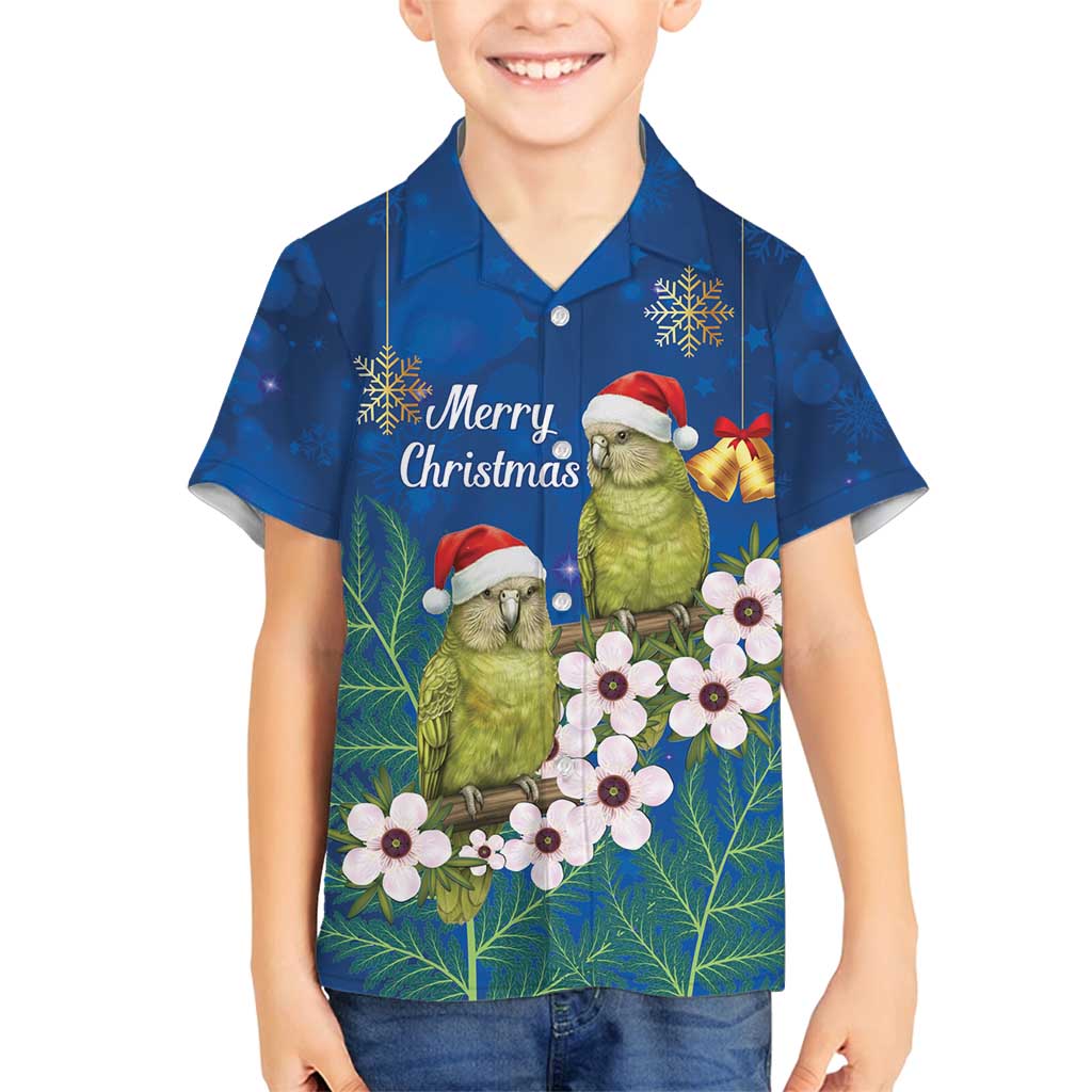 New Zealand Kakapo Christmas Family Matching Puletasi and Hawaiian Shirt Owl Parrot Santa Sliver Fern Manuka - Blue - Polynesian Pride