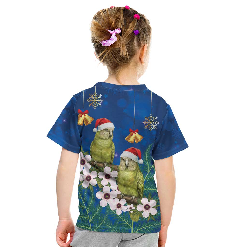 New Zealand Kakapo Christmas Kid T Shirt Owl Parrot Santa Sliver Fern Manuka - Blue - Polynesian Pride