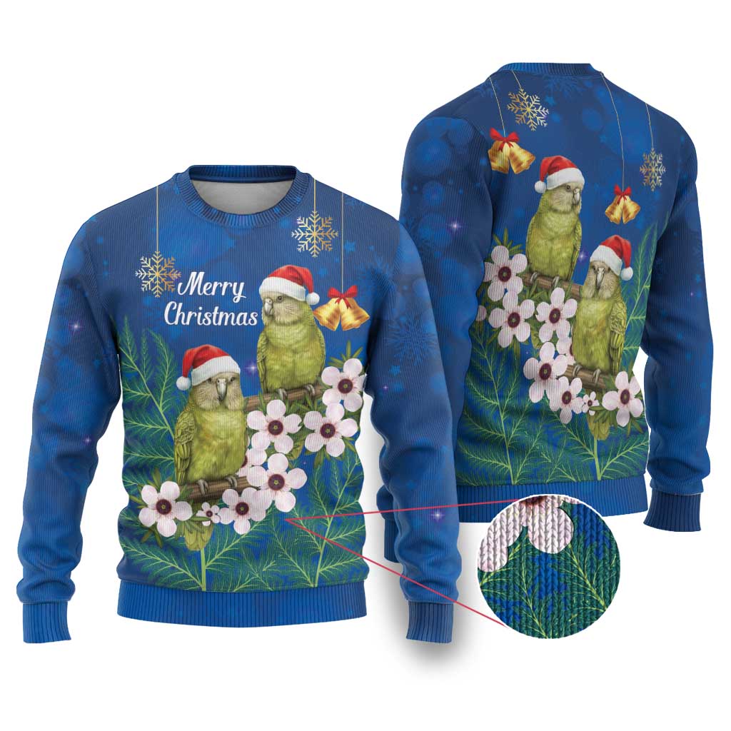 New Zealand Kakapo Christmas Ugly Christmas Sweater Owl Parrot Santa Sliver Fern Manuka - Blue - Polynesian Pride
