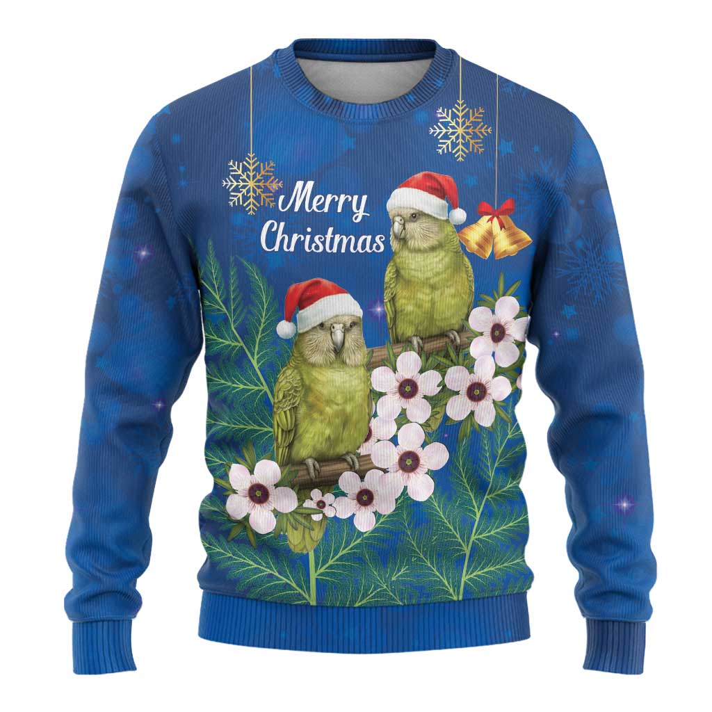 New Zealand Kakapo Christmas Ugly Christmas Sweater Owl Parrot Santa Sliver Fern Manuka - Blue - Polynesian Pride