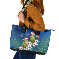 New Zealand Kakapo Christmas Leather Tote Bag Owl Parrot Santa Sliver Fern Manuka - Blue - Polynesian Pride