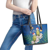 New Zealand Kakapo Christmas Leather Tote Bag Owl Parrot Santa Sliver Fern Manuka - Blue - Polynesian Pride