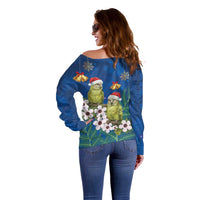 New Zealand Kakapo Christmas Off Shoulder Sweater Owl Parrot Santa Sliver Fern Manuka - Blue - Polynesian Pride