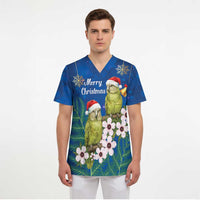New Zealand Kakapo Christmas Scrub Top Owl Parrot Santa Sliver Fern Manuka - Blue - Polynesian Pride
