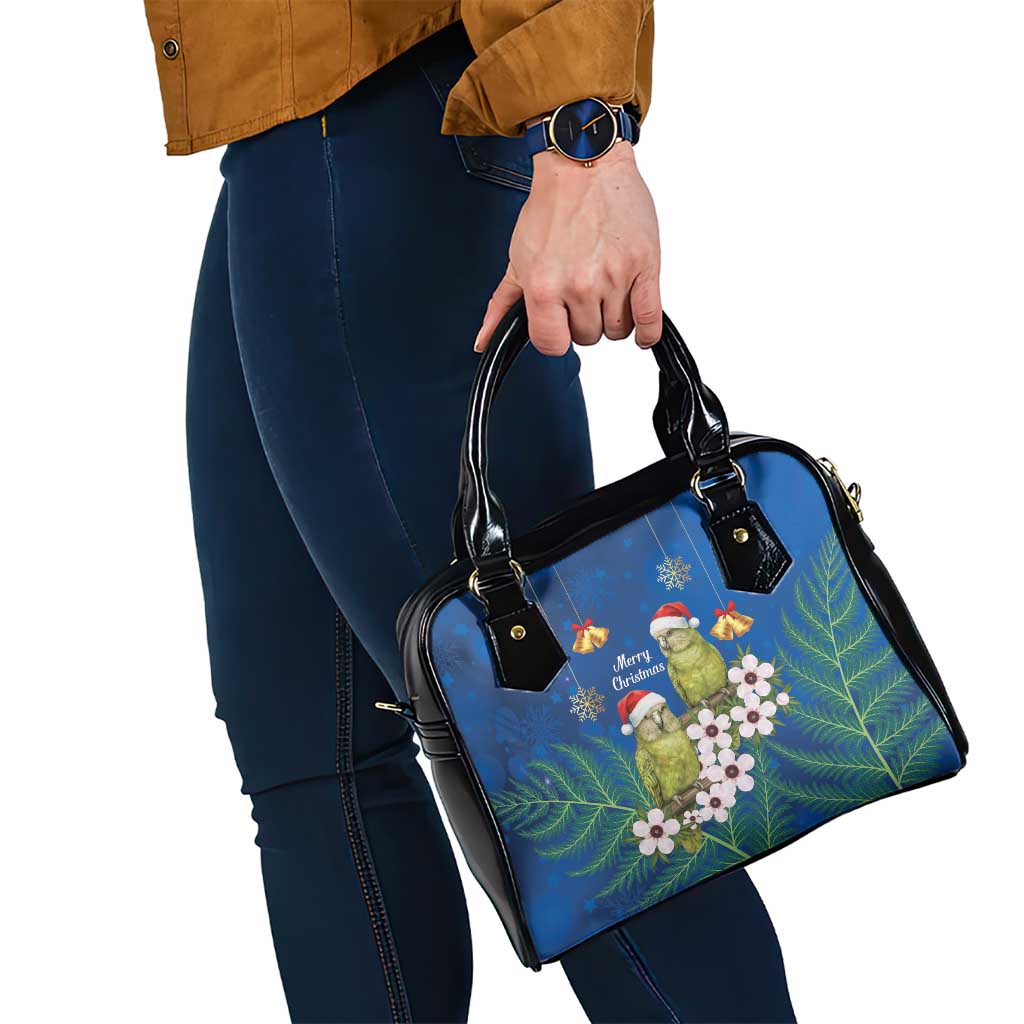 New Zealand Kakapo Christmas Shoulder Handbag Owl Parrot Santa Sliver Fern Manuka - Blue - Polynesian Pride