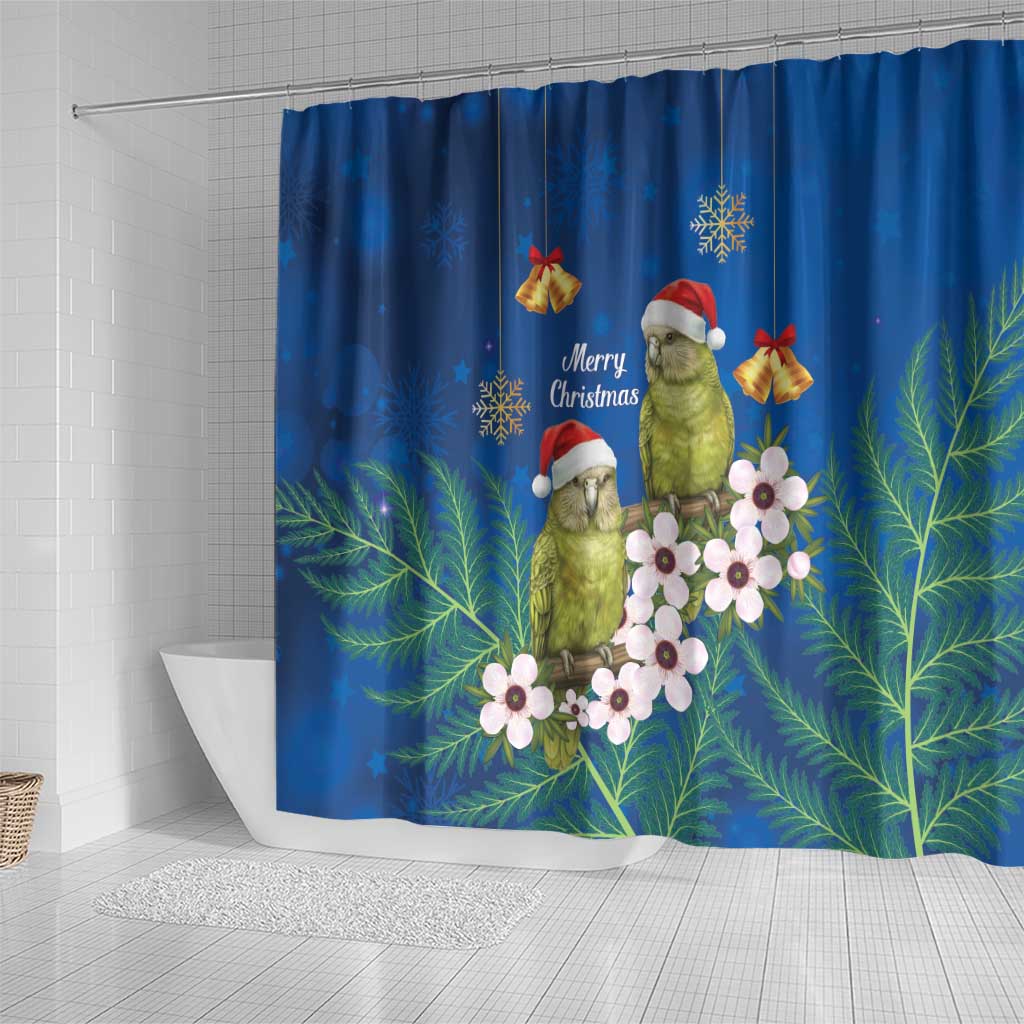 New Zealand Kakapo Christmas Shower Curtain Owl Parrot Santa Sliver Fern Manuka - Blue - Polynesian Pride