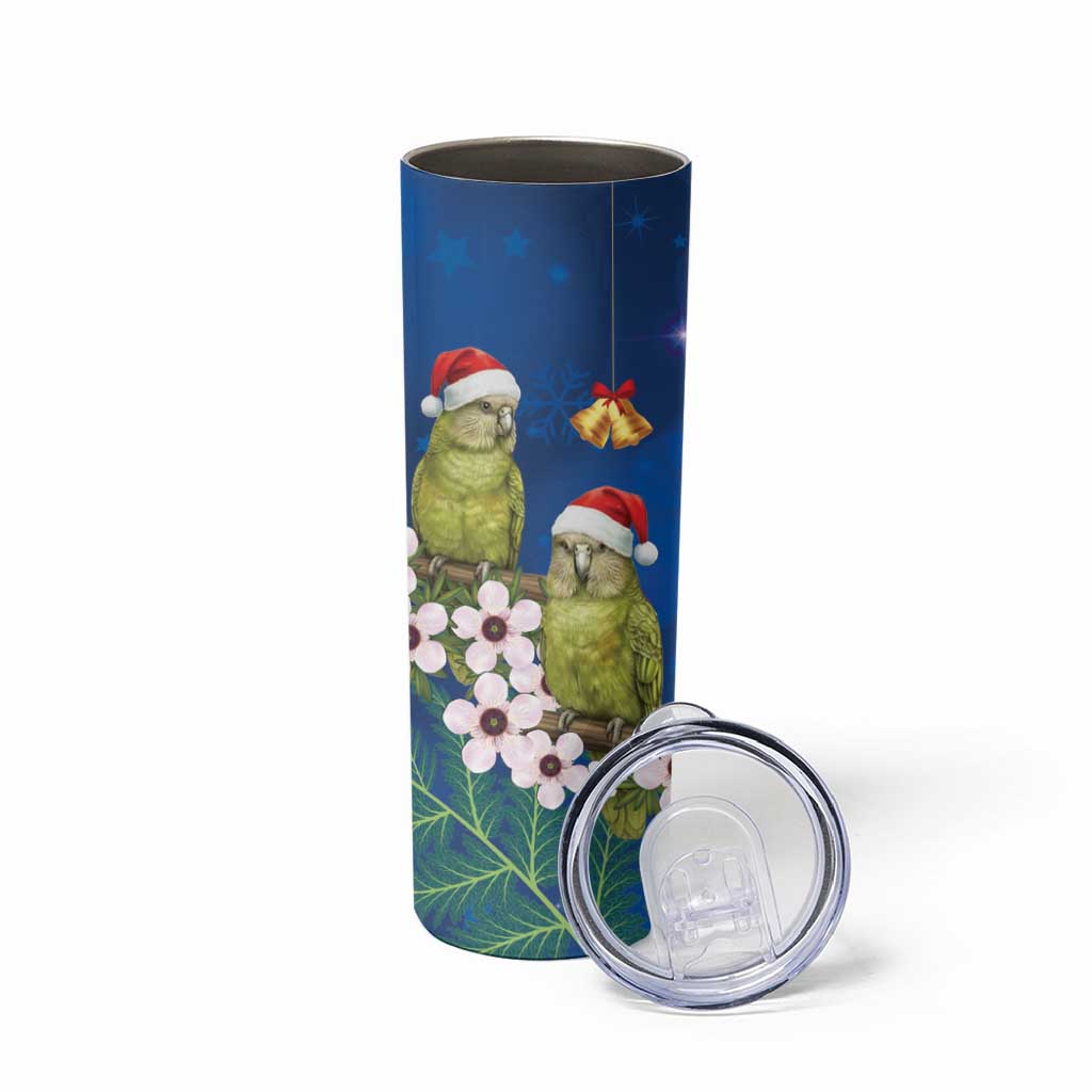 New Zealand Kakapo Christmas Skinny Tumbler Owl Parrot Santa Sliver Fern Manuka - Blue - Polynesian Pride