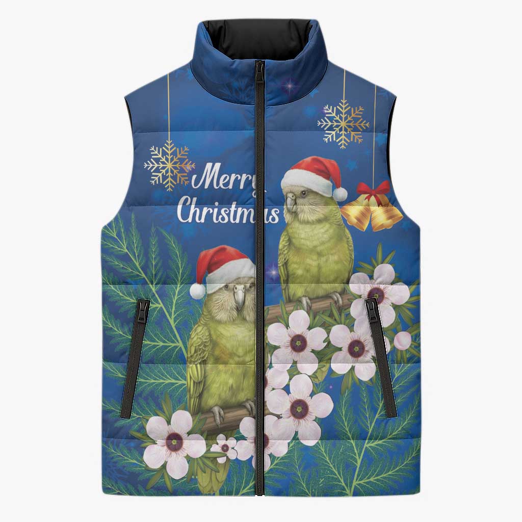 New Zealand Kakapo Christmas Sleeveless Puffer Jacket Owl Parrot Santa Sliver Fern Manuka - Blue - Polynesian Pride