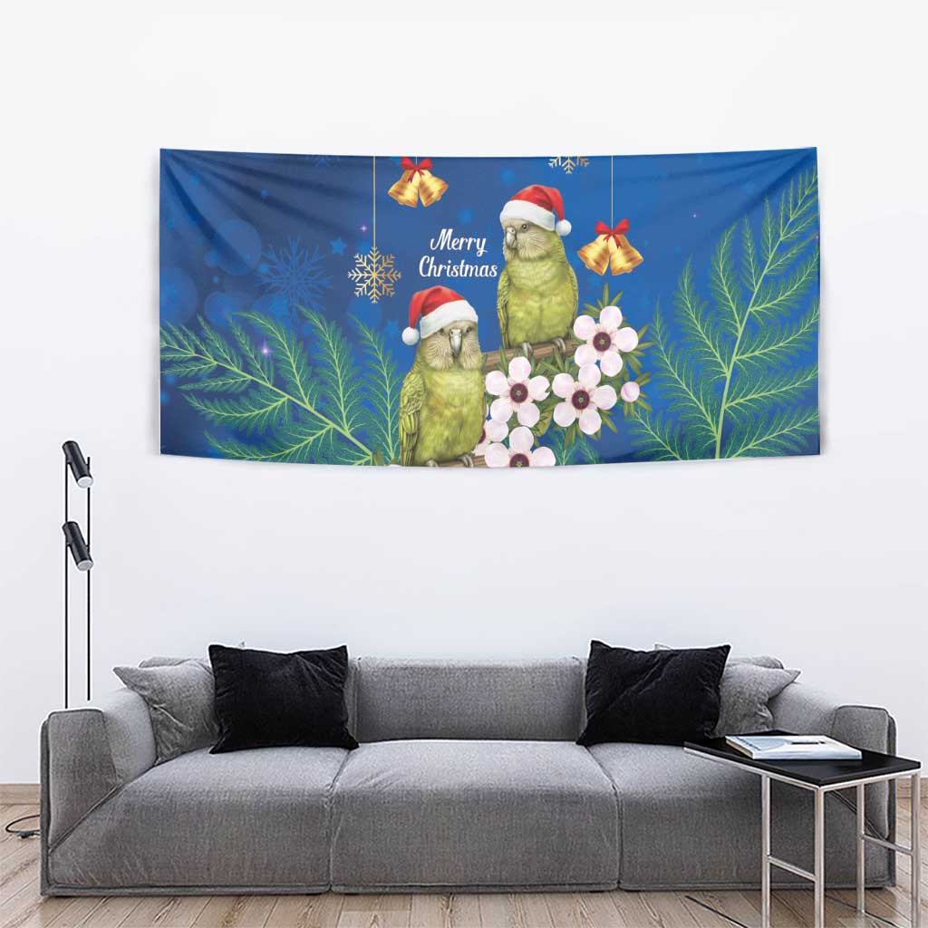 New Zealand Kakapo Christmas Tapestry Owl Parrot Santa Sliver Fern Manuka - Blue - Polynesian Pride