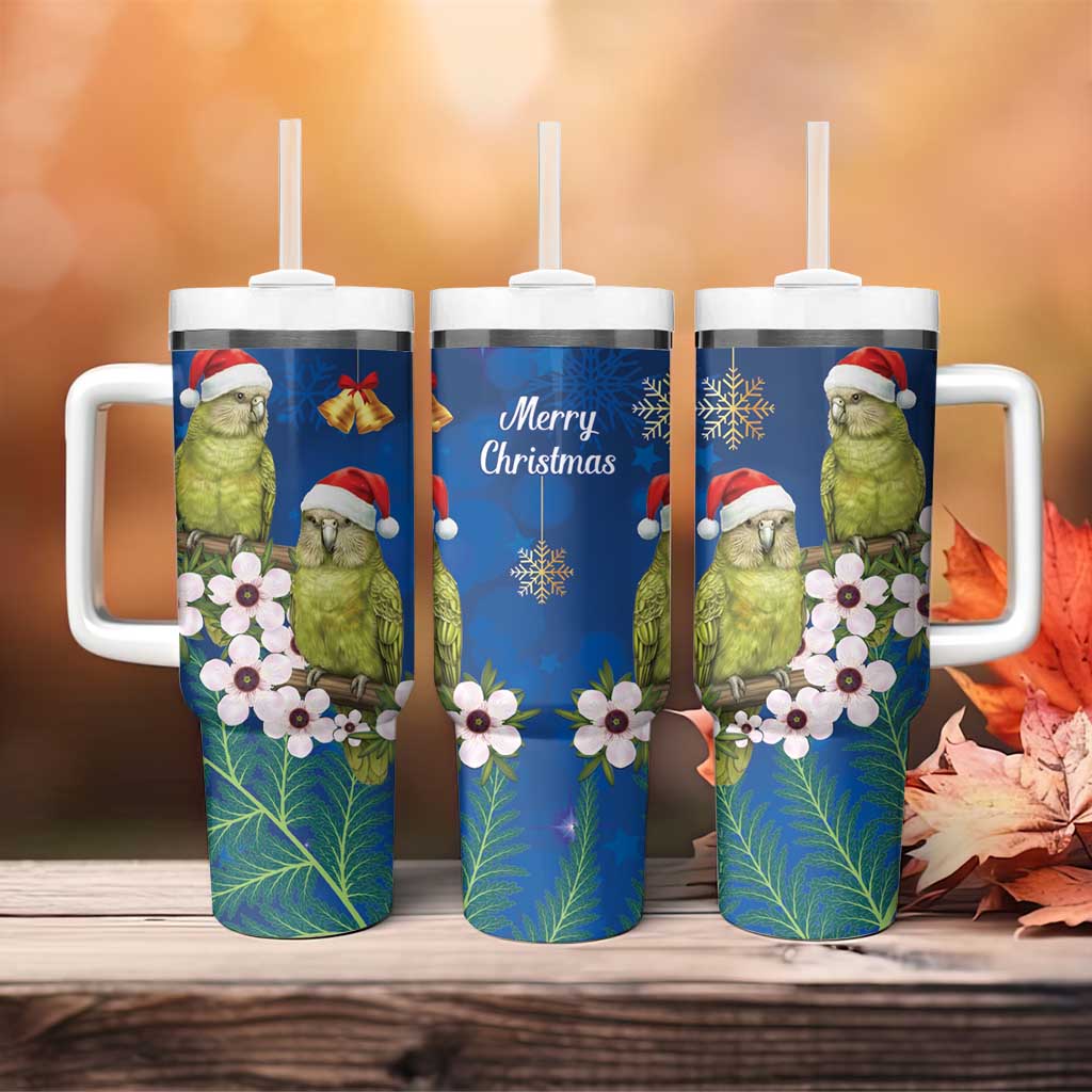 New Zealand Kakapo Christmas Tumbler With Handle Owl Parrot Santa Sliver Fern Manuka - Blue - Polynesian Pride