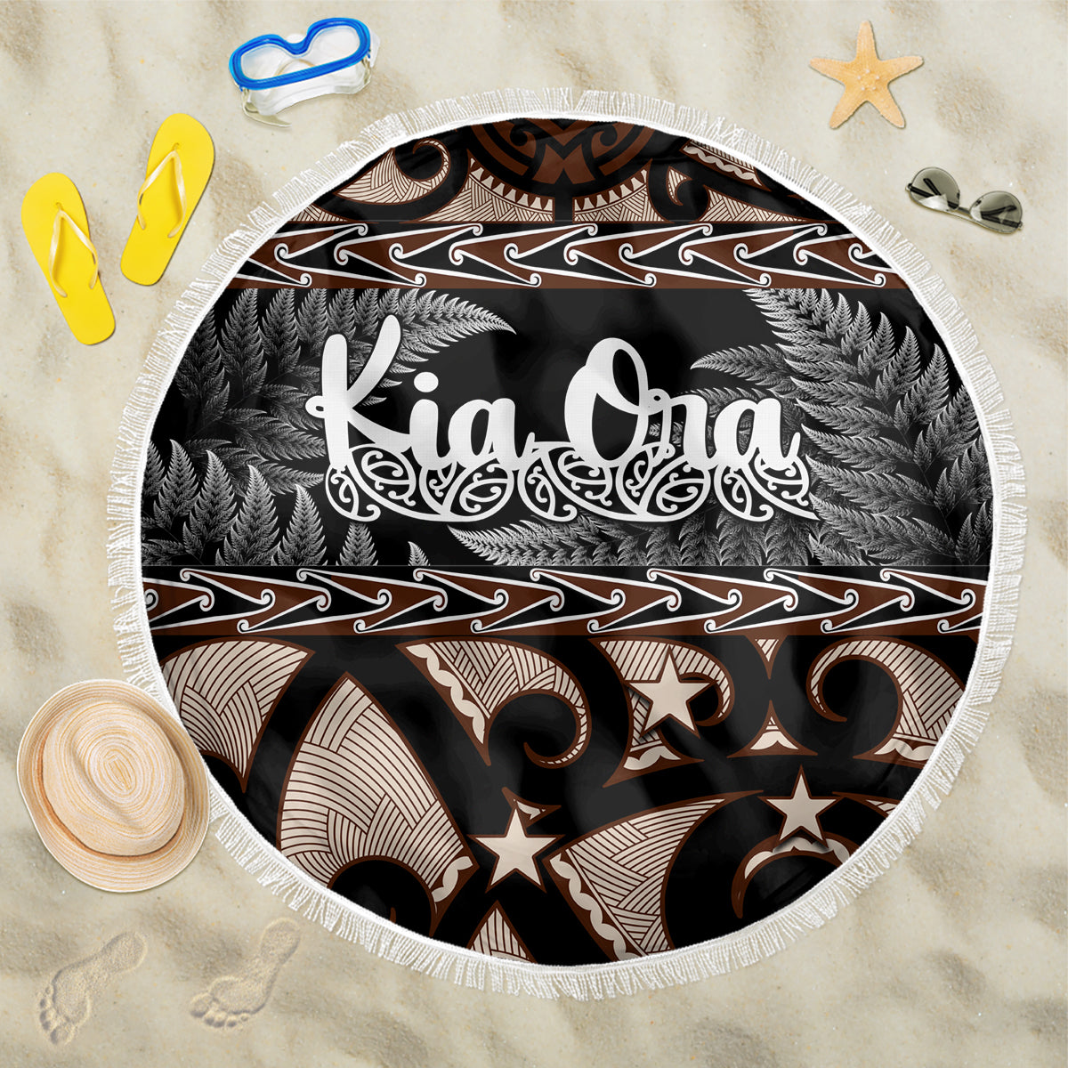 Kia Ora New Zealand Beach Blanket Aotearoa Proud Maori With Silver Fern LT14 One Size 150cm Black - Polynesian Pride