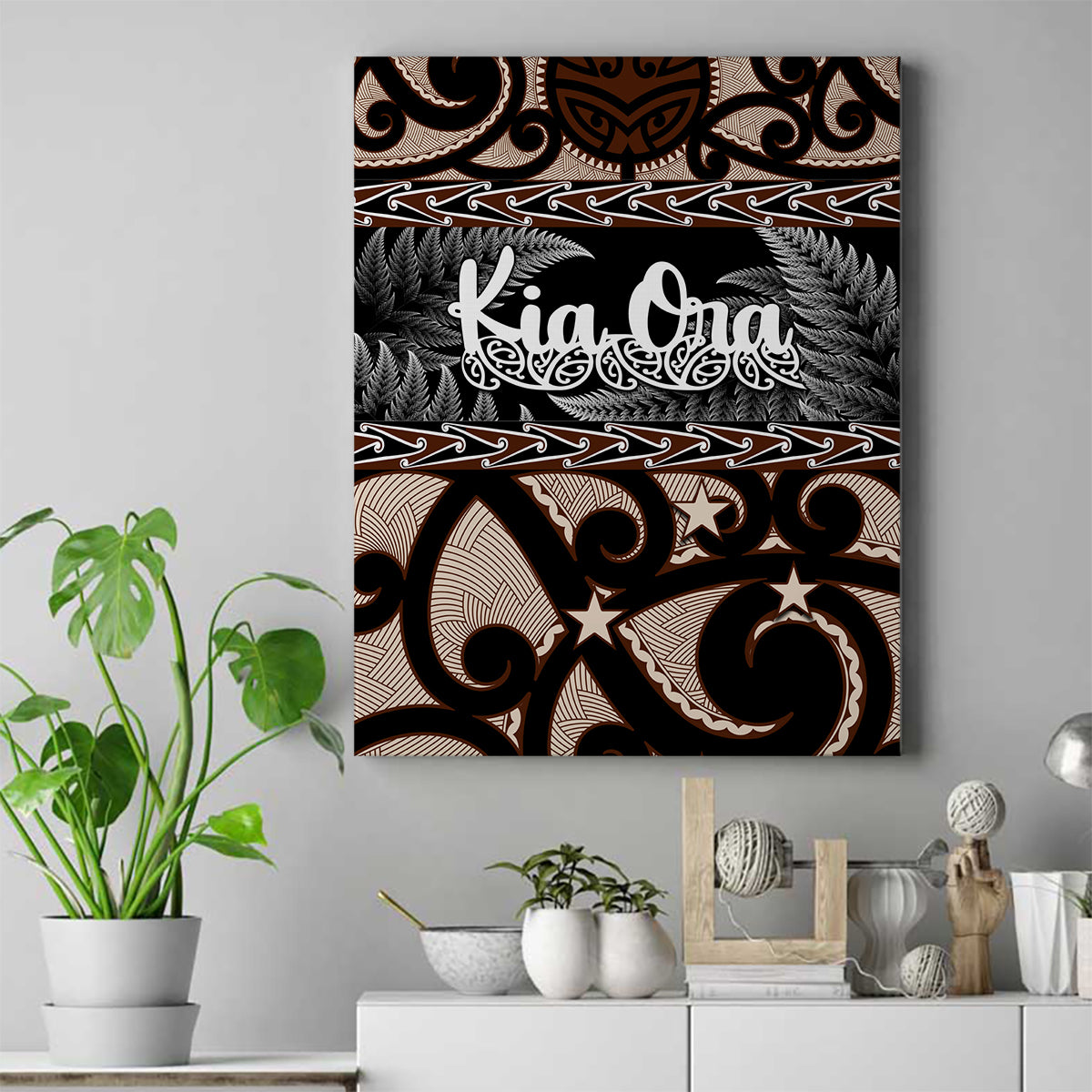 Kia Ora New Zealand Canvas Wall Art Aotearoa Proud Maori With Silver Fern LT14 Black - Polynesian Pride