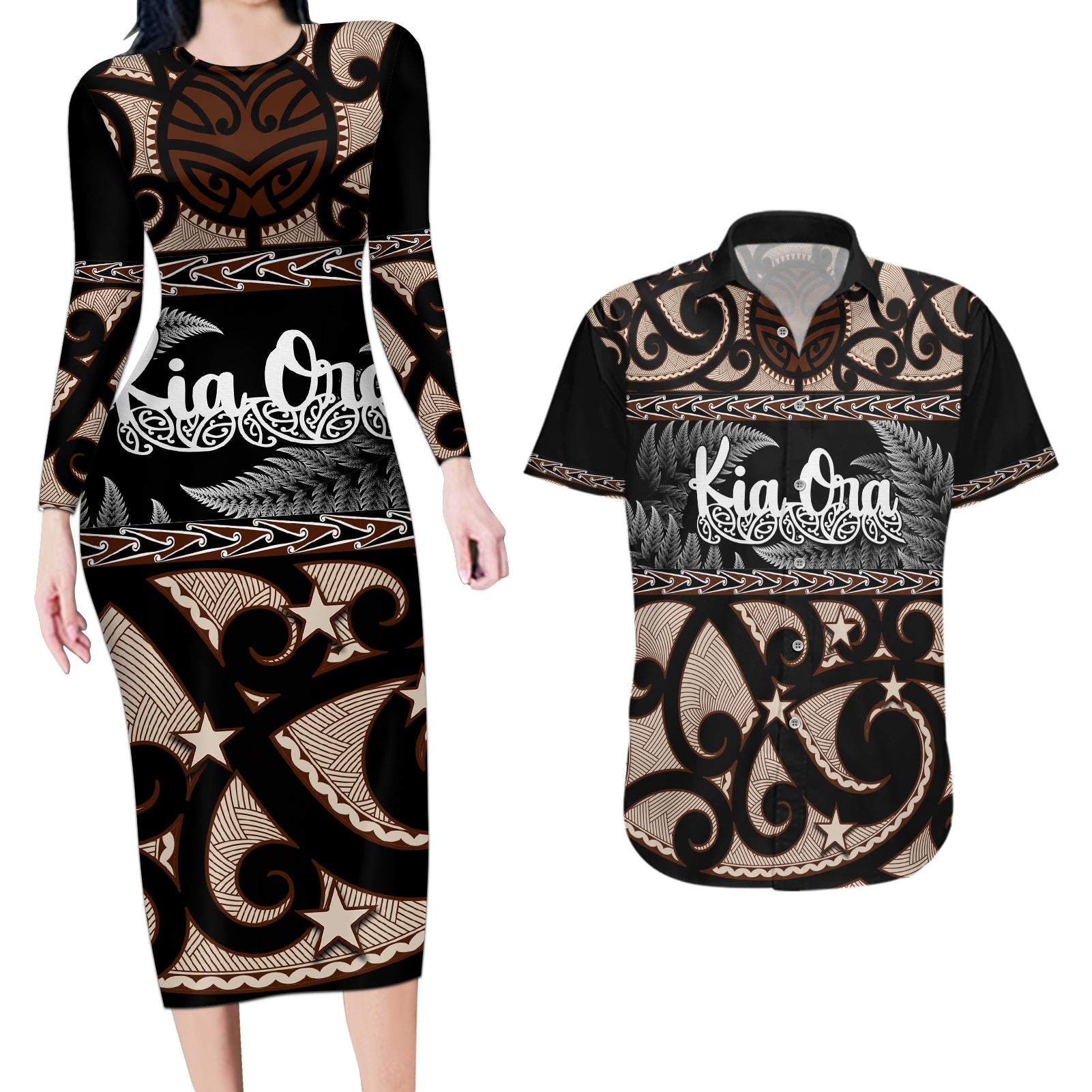 Kia Ora New Zealand Couples Matching Long Sleeve Bodycon Dress and Hawaiian Shirt Aotearoa Proud Maori With Silver Fern LT14 Black - Polynesian Pride