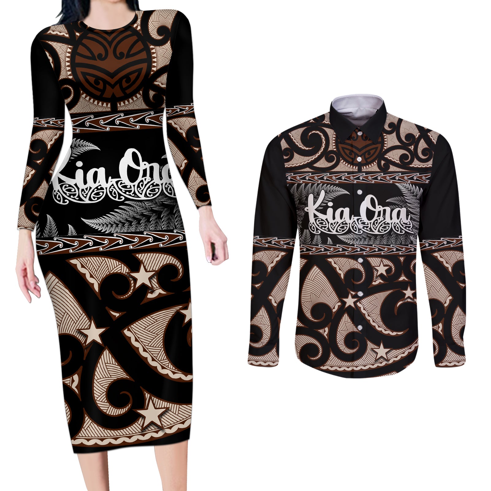 Kia Ora New Zealand Couples Matching Long Sleeve Bodycon Dress and Long Sleeve Button Shirt Aotearoa Proud Maori With Silver Fern LT14 Black - Polynesian Pride