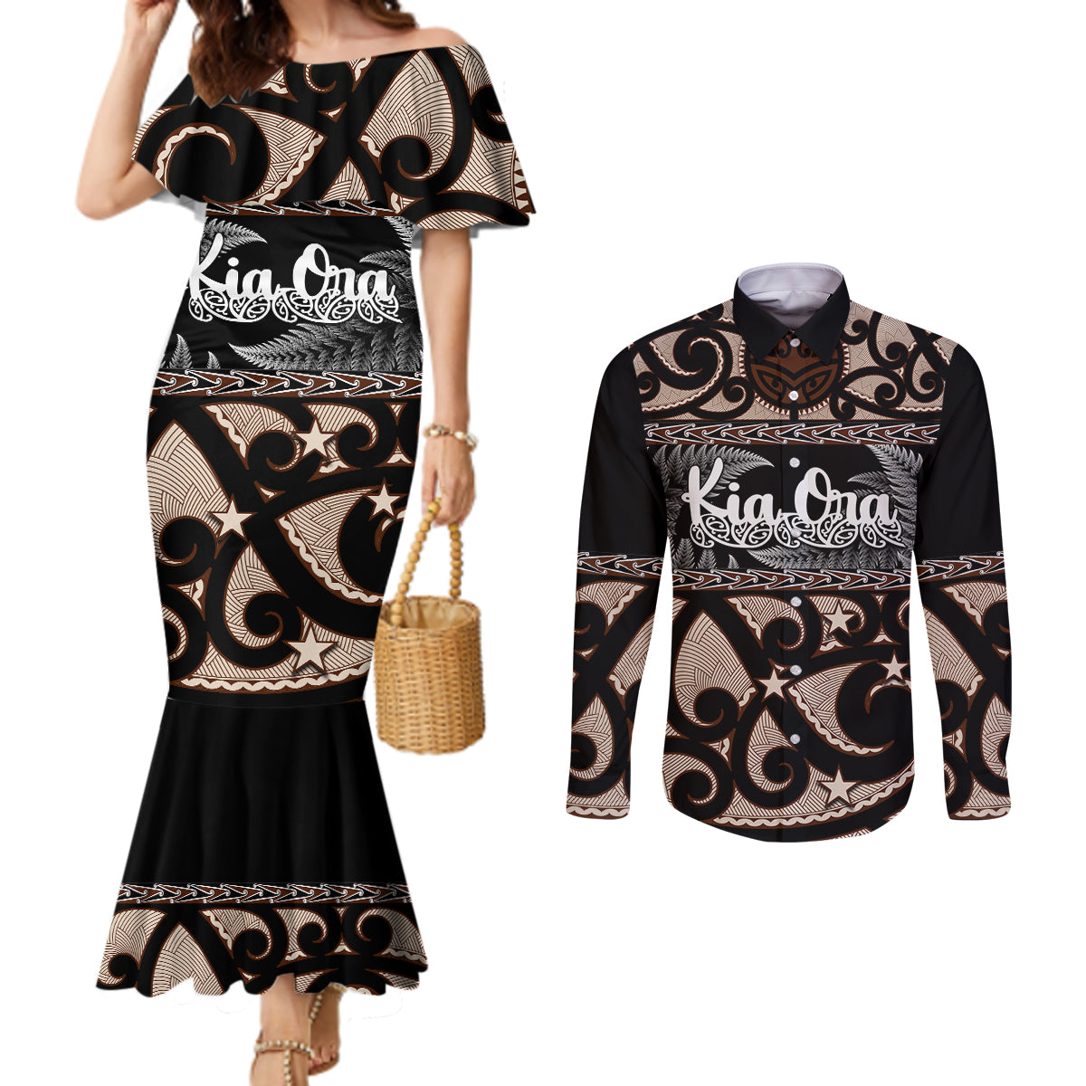 Kia Ora New Zealand Couples Matching Mermaid Dress and Long Sleeve Button Shirt Aotearoa Proud Maori With Silver Fern LT14 Black - Polynesian Pride