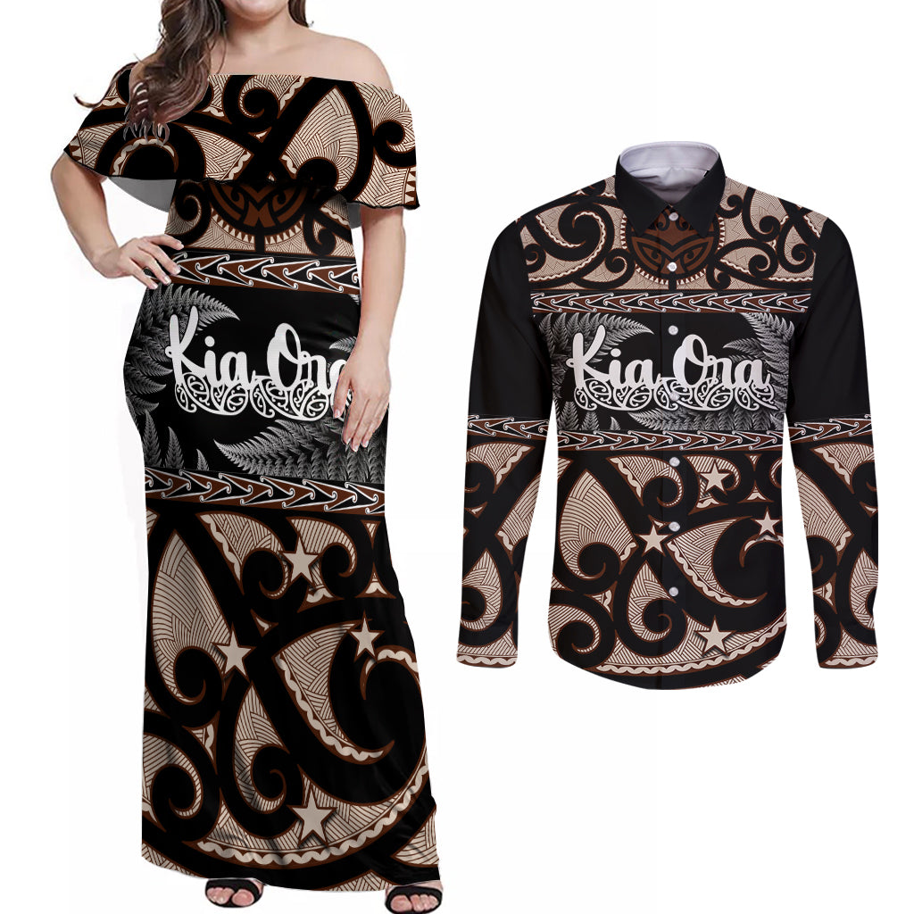 Kia Ora New Zealand Couples Matching Off Shoulder Maxi Dress and Long Sleeve Button Shirt Aotearoa Proud Maori With Silver Fern LT14 Black - Polynesian Pride