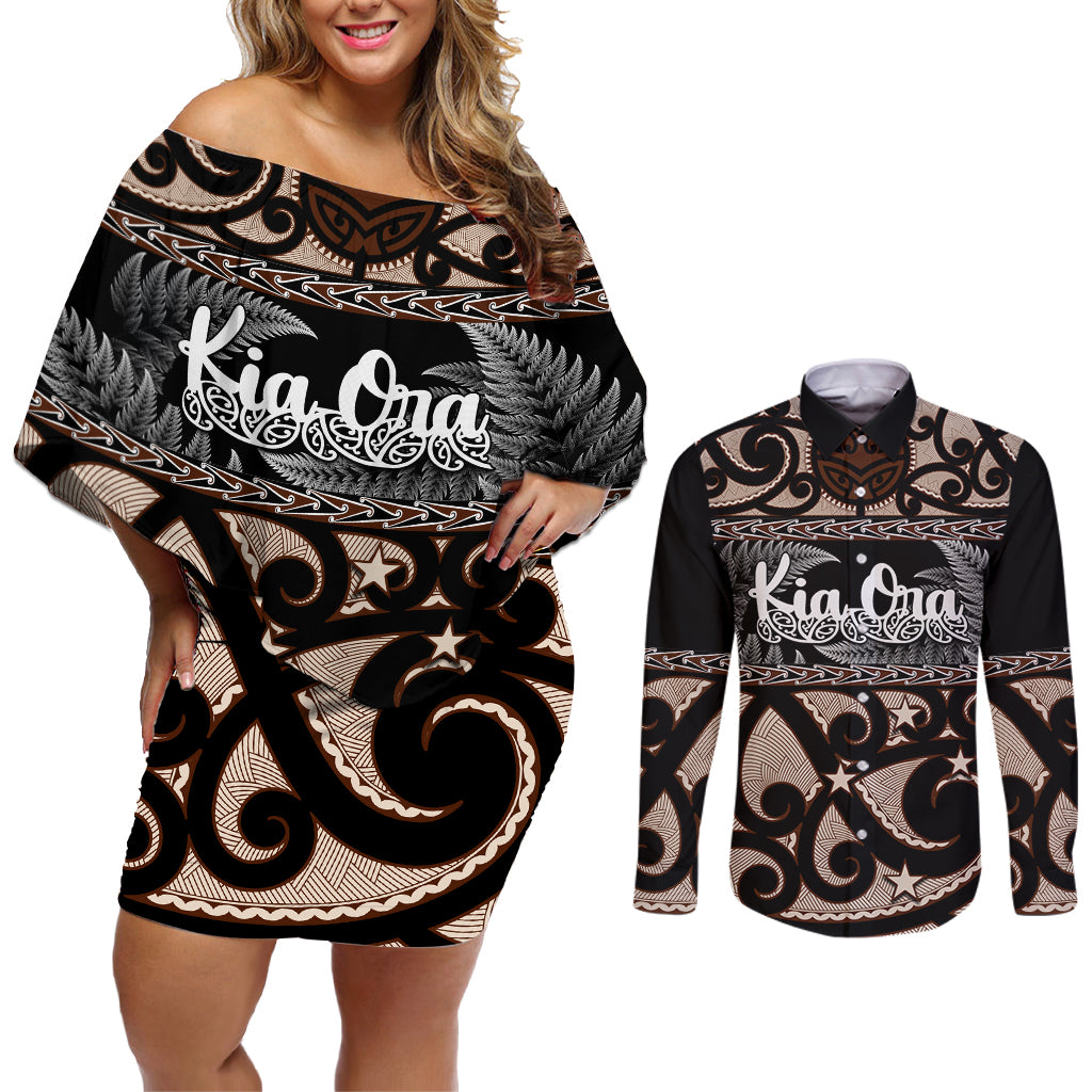 Kia Ora New Zealand Couples Matching Off Shoulder Short Dress and Long Sleeve Button Shirt Aotearoa Proud Maori With Silver Fern LT14 Black - Polynesian Pride