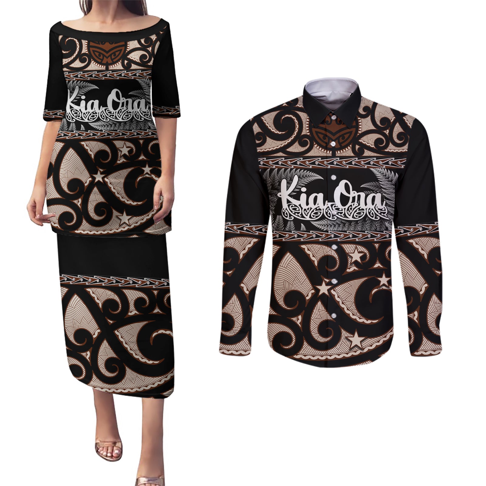 Kia Ora New Zealand Couples Matching Puletasi Dress and Long Sleeve Button Shirt Aotearoa Proud Maori With Silver Fern LT14 Black - Polynesian Pride