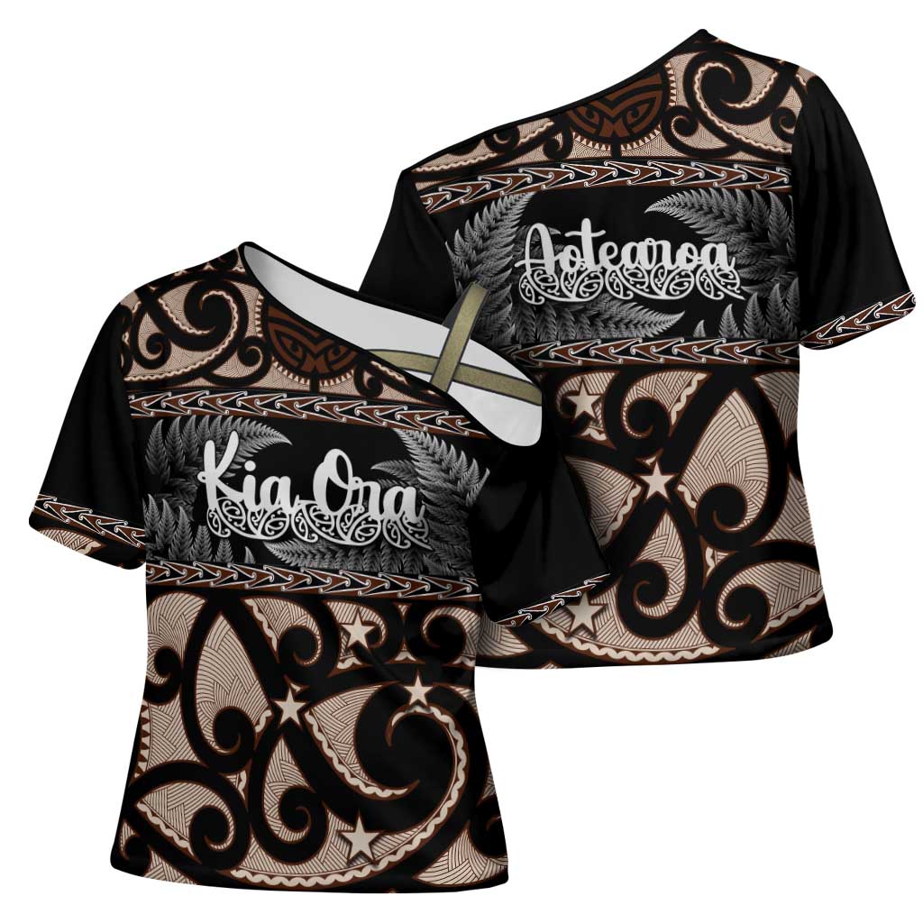Kia Ora New Zealand Cross Shoulder Shirt Aotearoa Proud Maori Silver Fern - Polynesian Pride