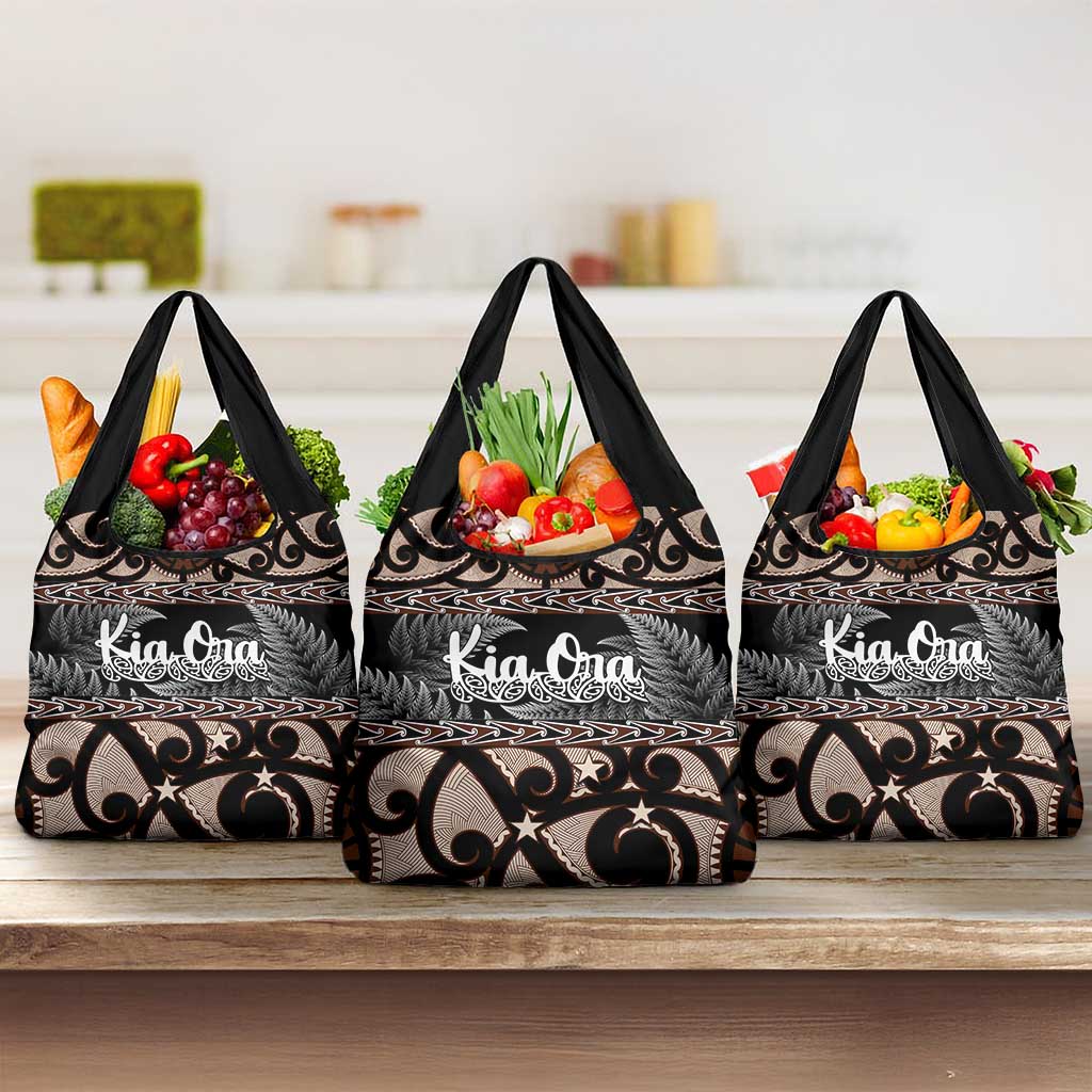 Kia Ora New Zealand Grocery Bag Aotearoa Proud Maori With Silver Fern LT14 3-pack One Size Black - Polynesian Pride