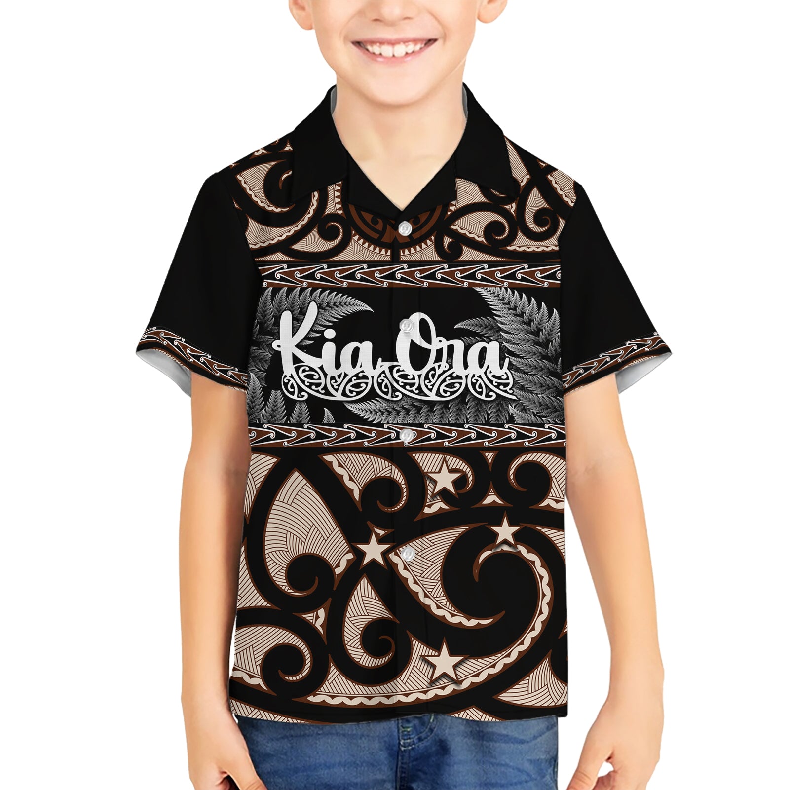 Kia Ora New Zealand Kid Hawaiian Shirt Aotearoa Proud Maori With Silver Fern LT14 Kid Black - Polynesian Pride