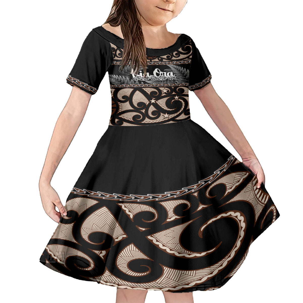 Kia Ora New Zealand Kid Short Sleeve Dress Aotearoa Proud Maori With Silver Fern LT14 KID Black - Polynesian Pride