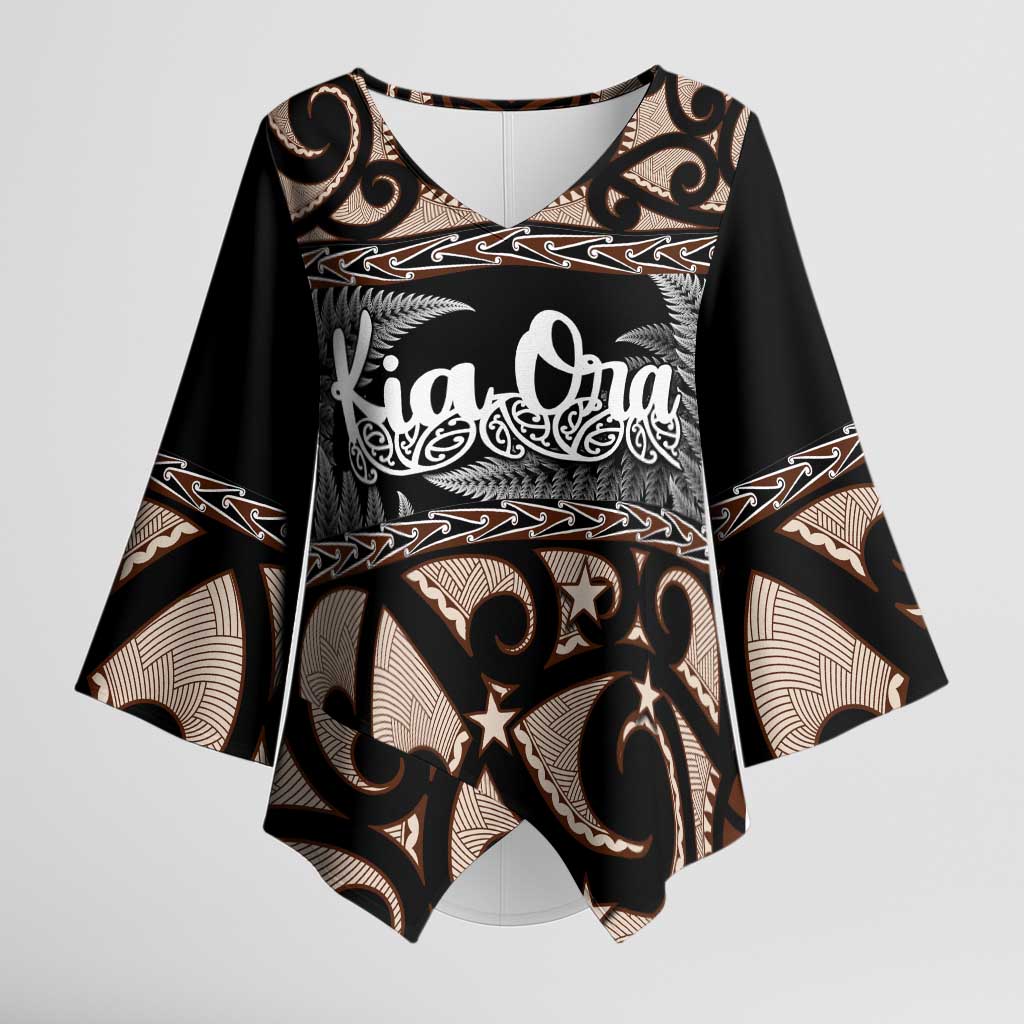 Kia Ora New Zealand Kimono Sleeve Blouse Aotearoa Proud Maori Silver Fern - Polynesian Pride