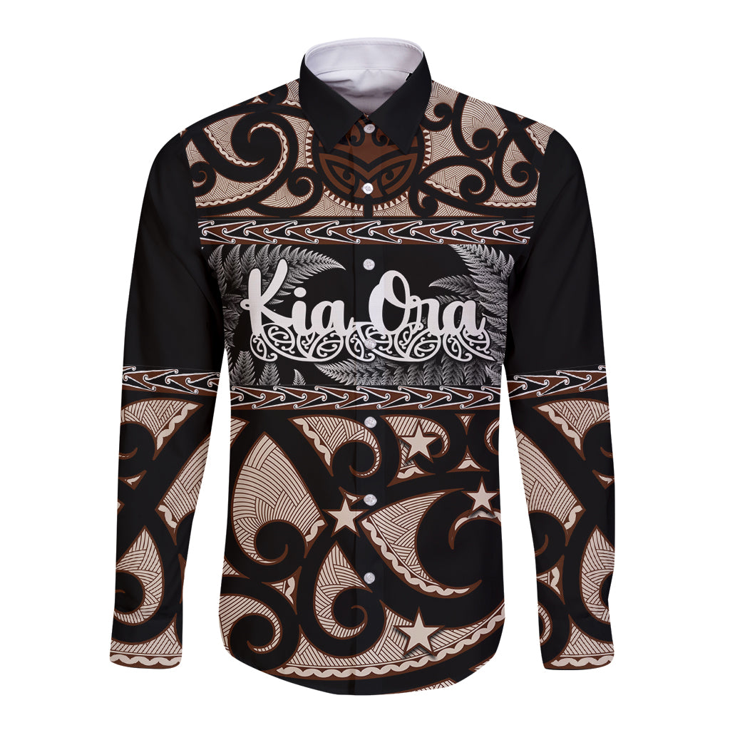 Kia Ora New Zealand Long Sleeve Button Shirt Aotearoa Proud Maori With Silver Fern LT14 Unisex Black - Polynesian Pride