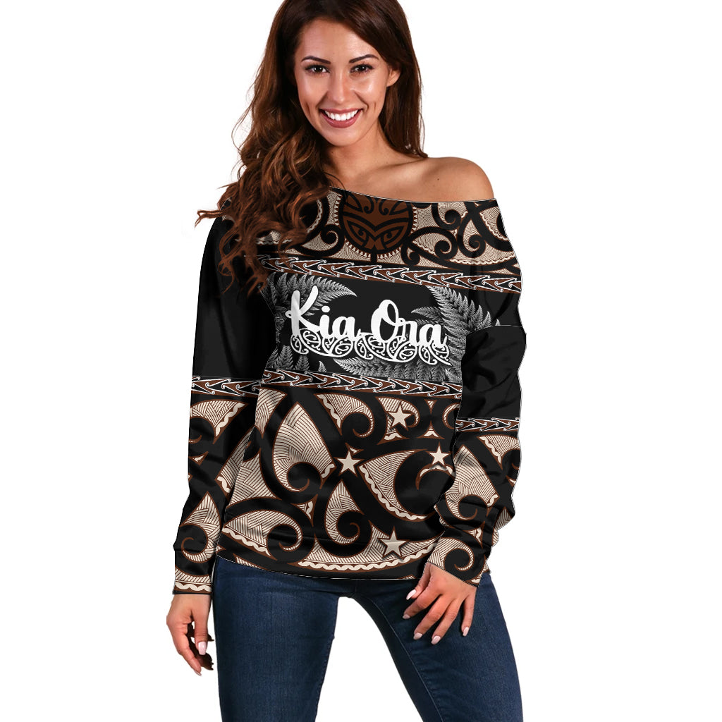 Kia Ora New Zealand Off Shoulder Sweater Aotearoa Proud Maori With Silver Fern LT14 Women Black - Polynesian Pride