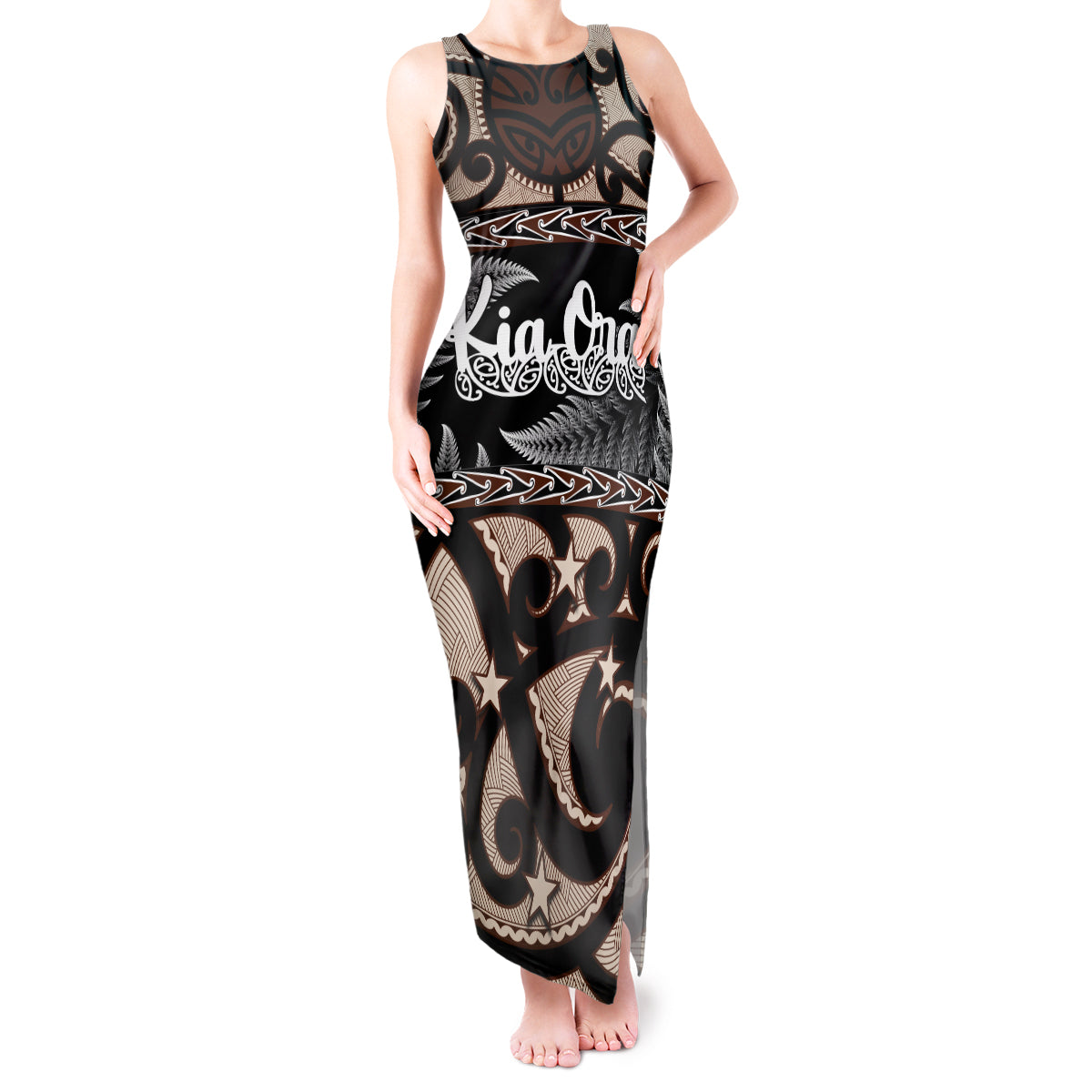 Kia Ora New Zealand Tank Maxi Dress Aotearoa Proud Maori With Silver Fern LT14 Women Black - Polynesian Pride