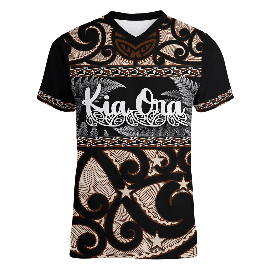 Kia Ora New Zealand Women V Neck T Shirt Aotearoa Proud Maori With Silver Fern LT14 Female Black - Polynesian Pride