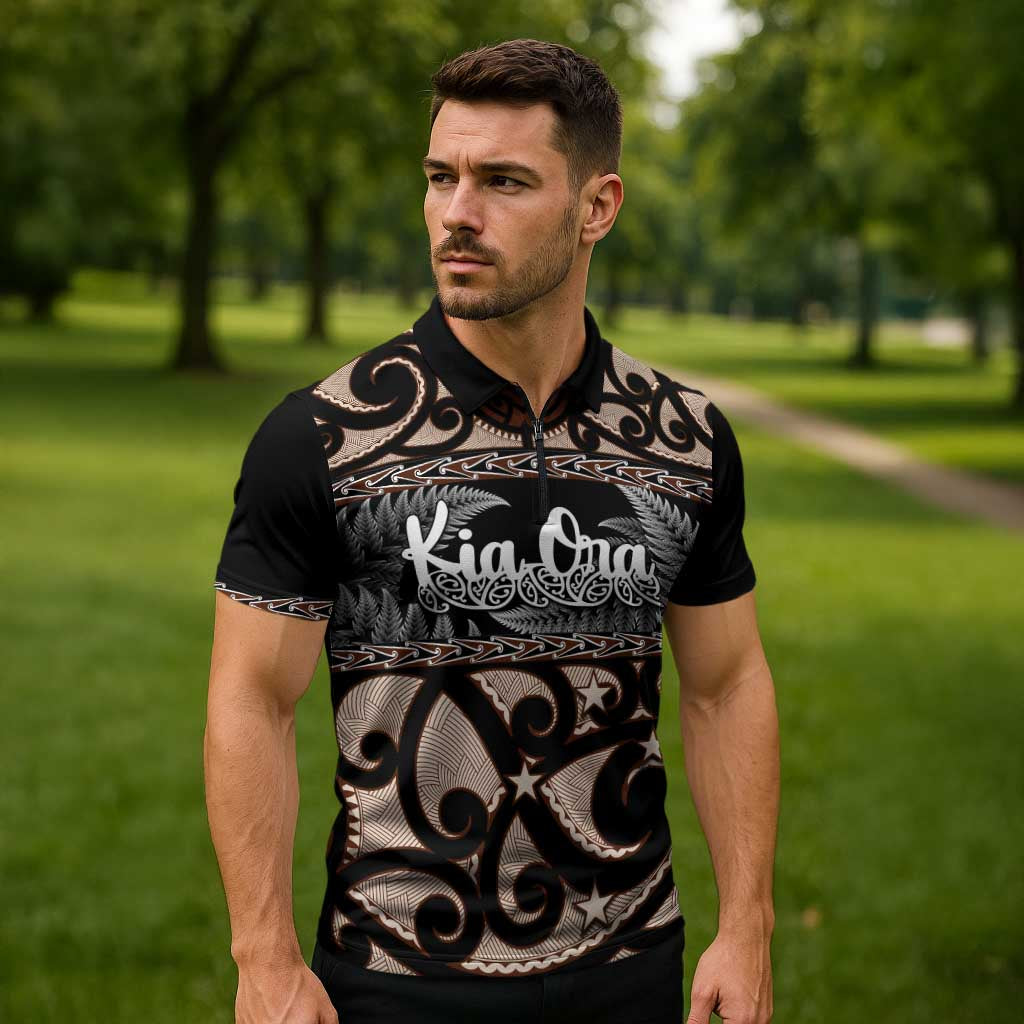 Kia Ora New Zealand Zipper Polo Shirt Aotearoa Proud Maori Silver Fern - Polynesian Pride