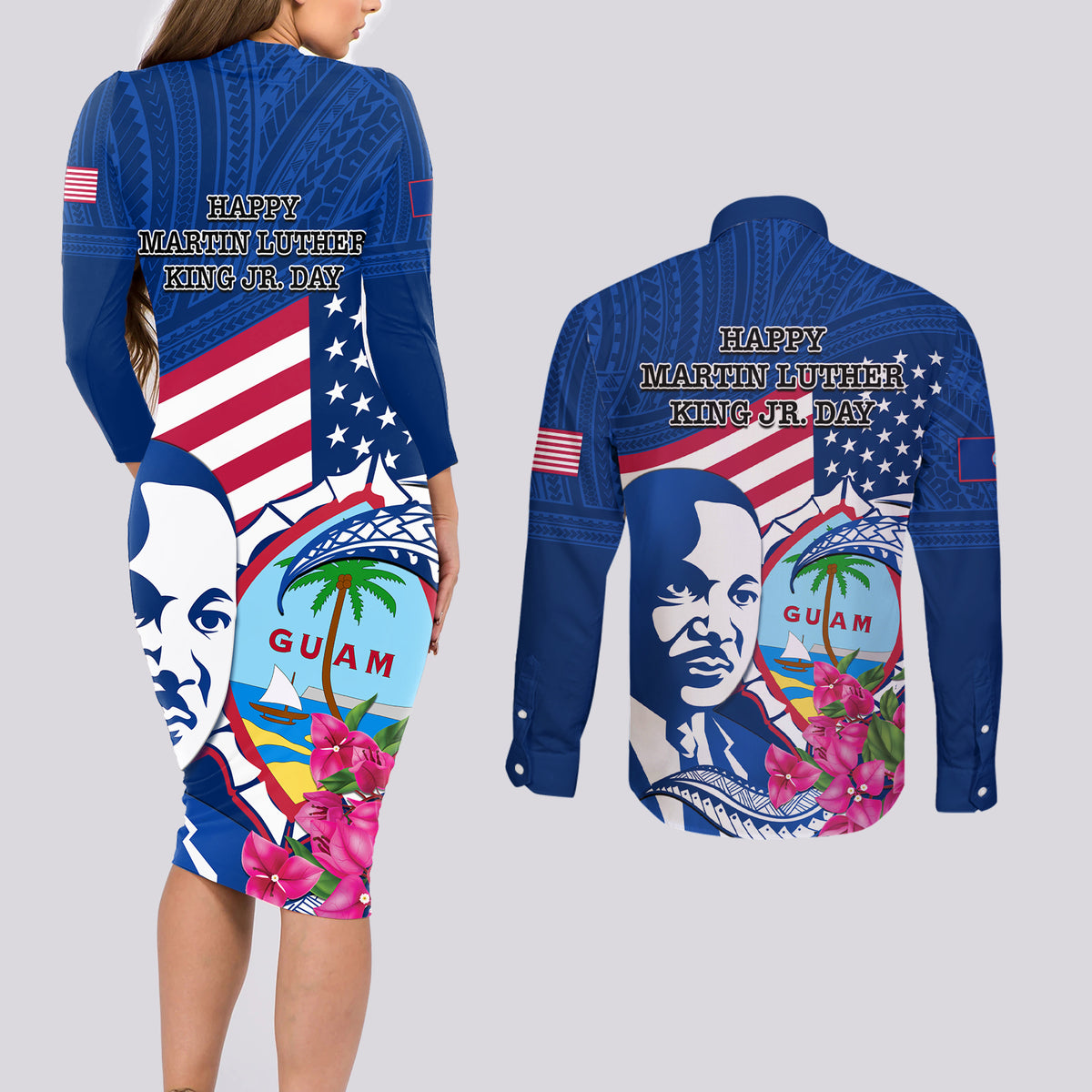 Guam Martin Luther King Jr Day Couples Matching Long Sleeve Bodycon Dress and Long Sleeve Button Shirt I Have A Dream Guahan Seal With Bougainvillea LT14 - Polynesian Pride