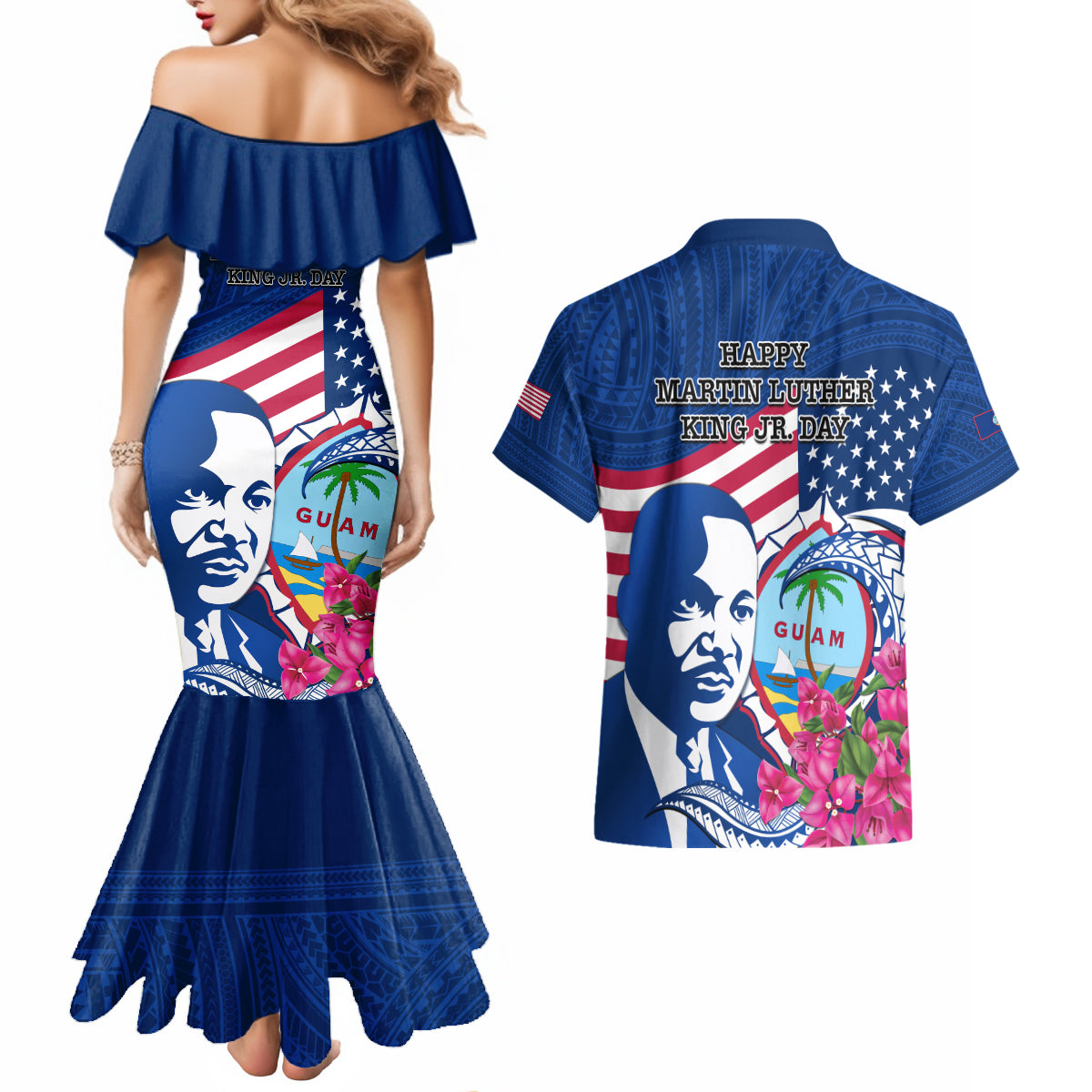 Guam Martin Luther King Jr Day Couples Matching Mermaid Dress and Hawaiian Shirt I Have A Dream Guahan Seal With Bougainvillea LT14 - Polynesian Pride