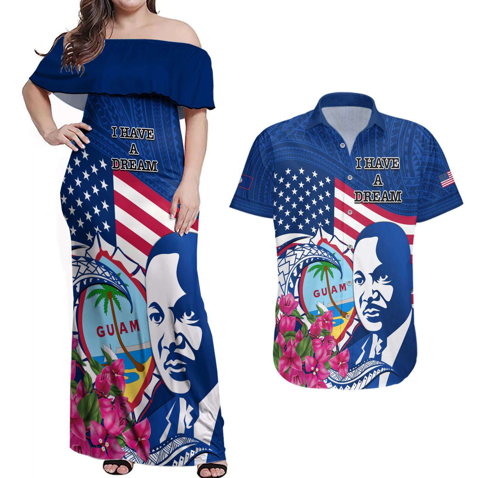 Guam Martin Luther King Jr Day Couples Matching Off Shoulder Maxi Dress and Hawaiian Shirt I Have A Dream Guahan Seal With Bougainvillea LT14 Blue - Polynesian Pride