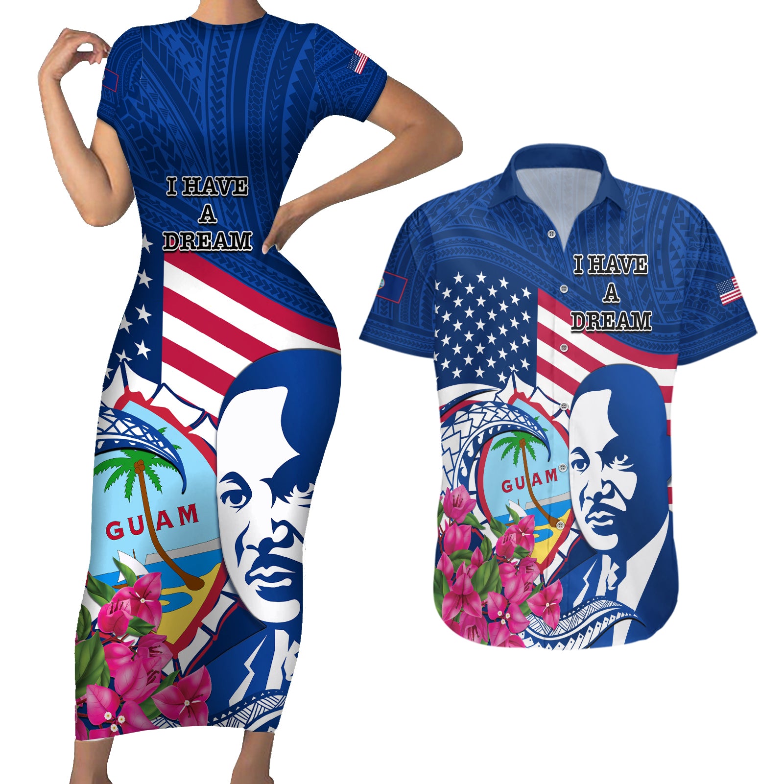 Guam Martin Luther King Jr Day Couples Matching Short Sleeve Bodycon Dress and Hawaiian Shirt I Have A Dream Guahan Seal With Bougainvillea LT14 Blue - Polynesian Pride