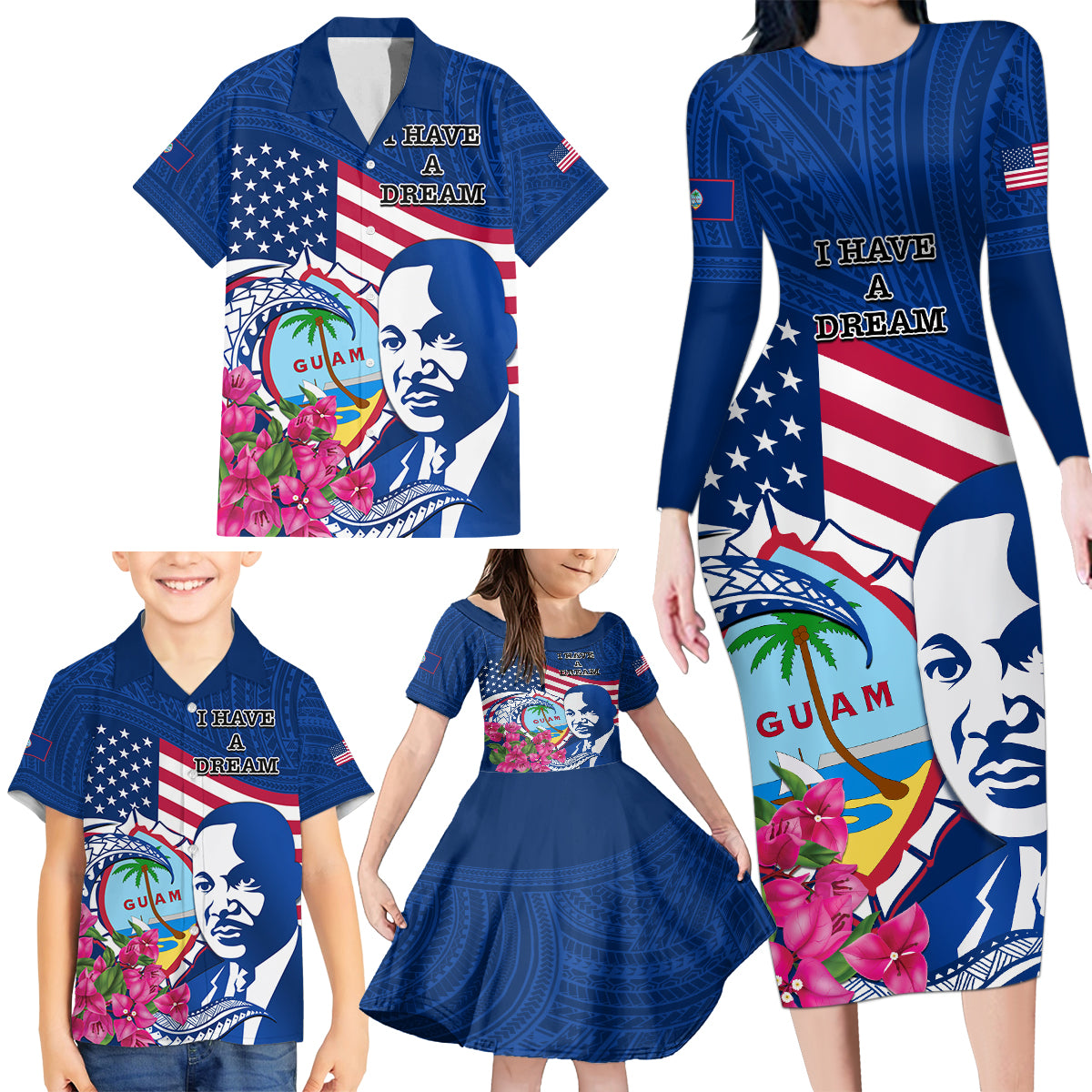 Guam Martin Luther King Jr Day Family Matching Long Sleeve Bodycon Dress and Hawaiian Shirt I Have A Dream Guahan Seal With Bougainvillea LT14 - Polynesian Pride