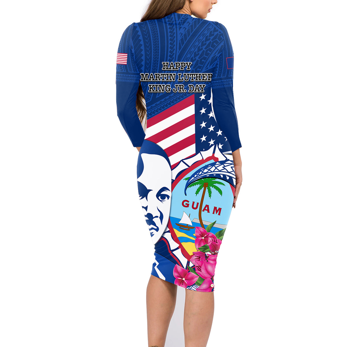 Guam Martin Luther King Jr Day Family Matching Long Sleeve Bodycon Dress and Hawaiian Shirt I Have A Dream Guahan Seal With Bougainvillea LT14 - Polynesian Pride