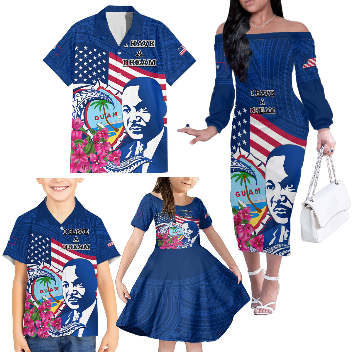 Guam Martin Luther King Jr Day Family Matching Off Shoulder Long Sleeve Dress and Hawaiian Shirt I Have A Dream Guahan Seal With Bougainvillea LT14 - Polynesian Pride