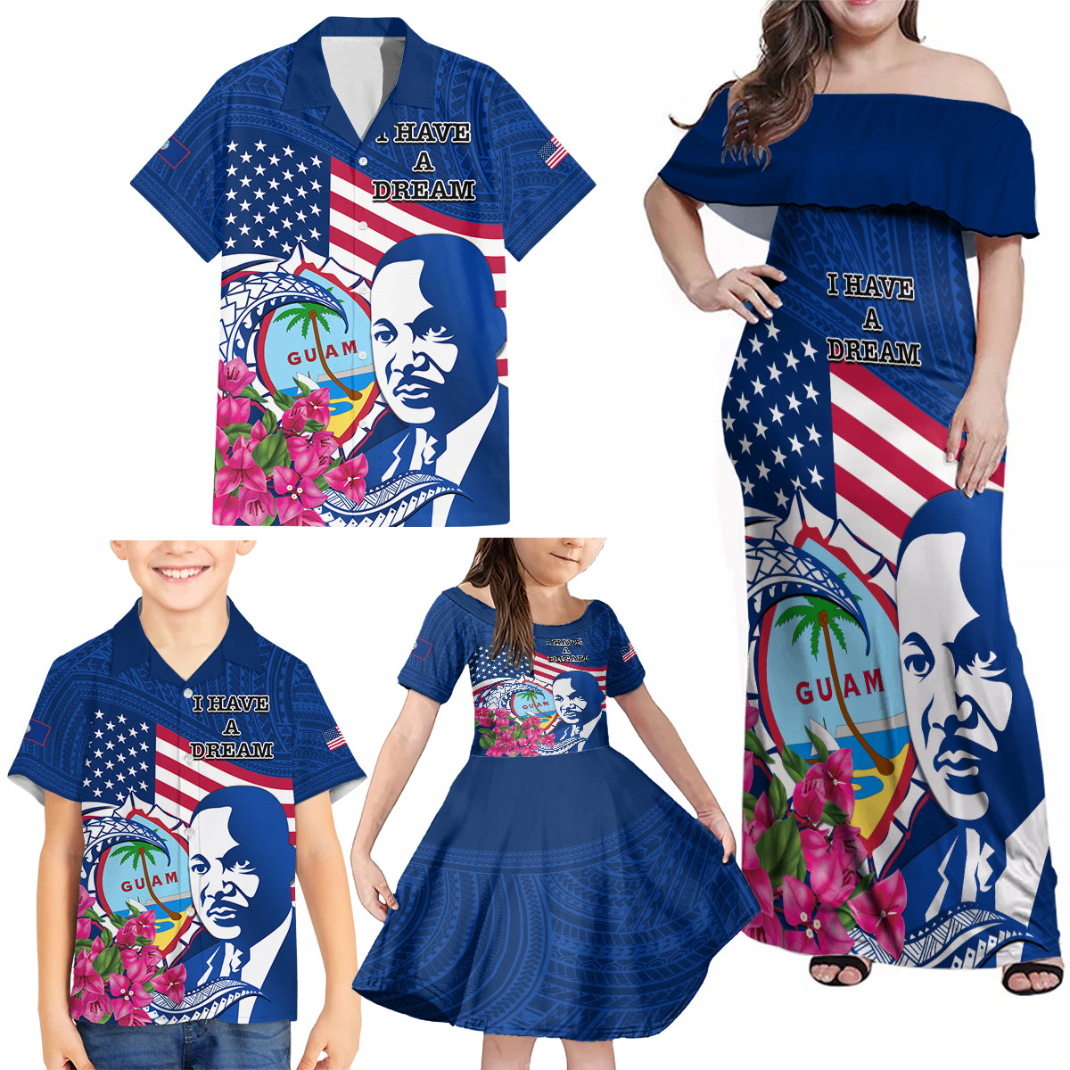 Guam Martin Luther King Jr Day Family Matching Off Shoulder Maxi Dress and Hawaiian Shirt I Have A Dream Guahan Seal With Bougainvillea LT14 - Polynesian Pride