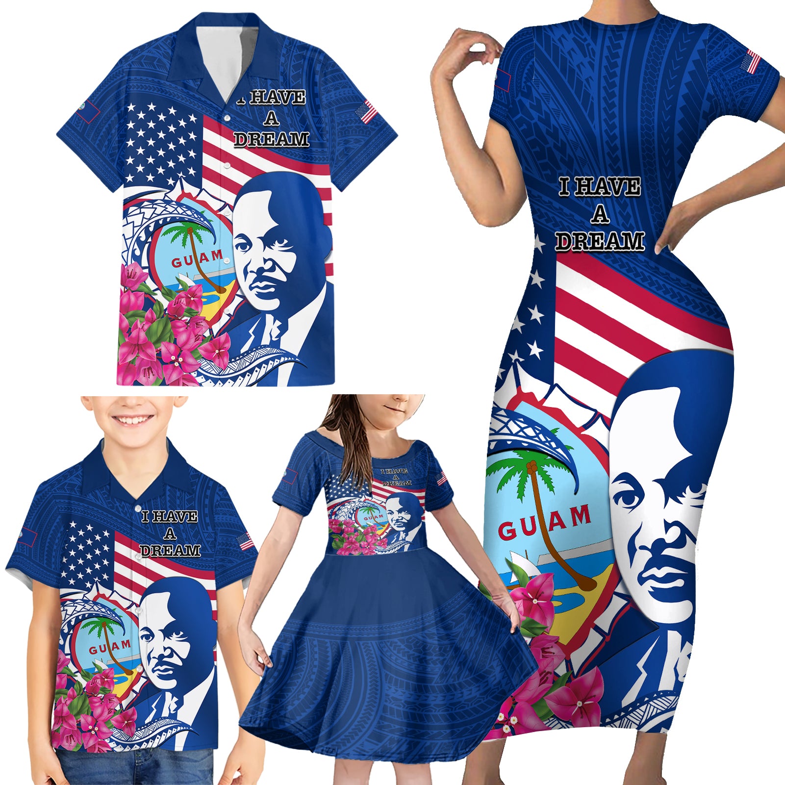 Guam Martin Luther King Jr Day Family Matching Short Sleeve Bodycon Dress and Hawaiian Shirt I Have A Dream Guahan Seal With Bougainvillea LT14 - Polynesian Pride