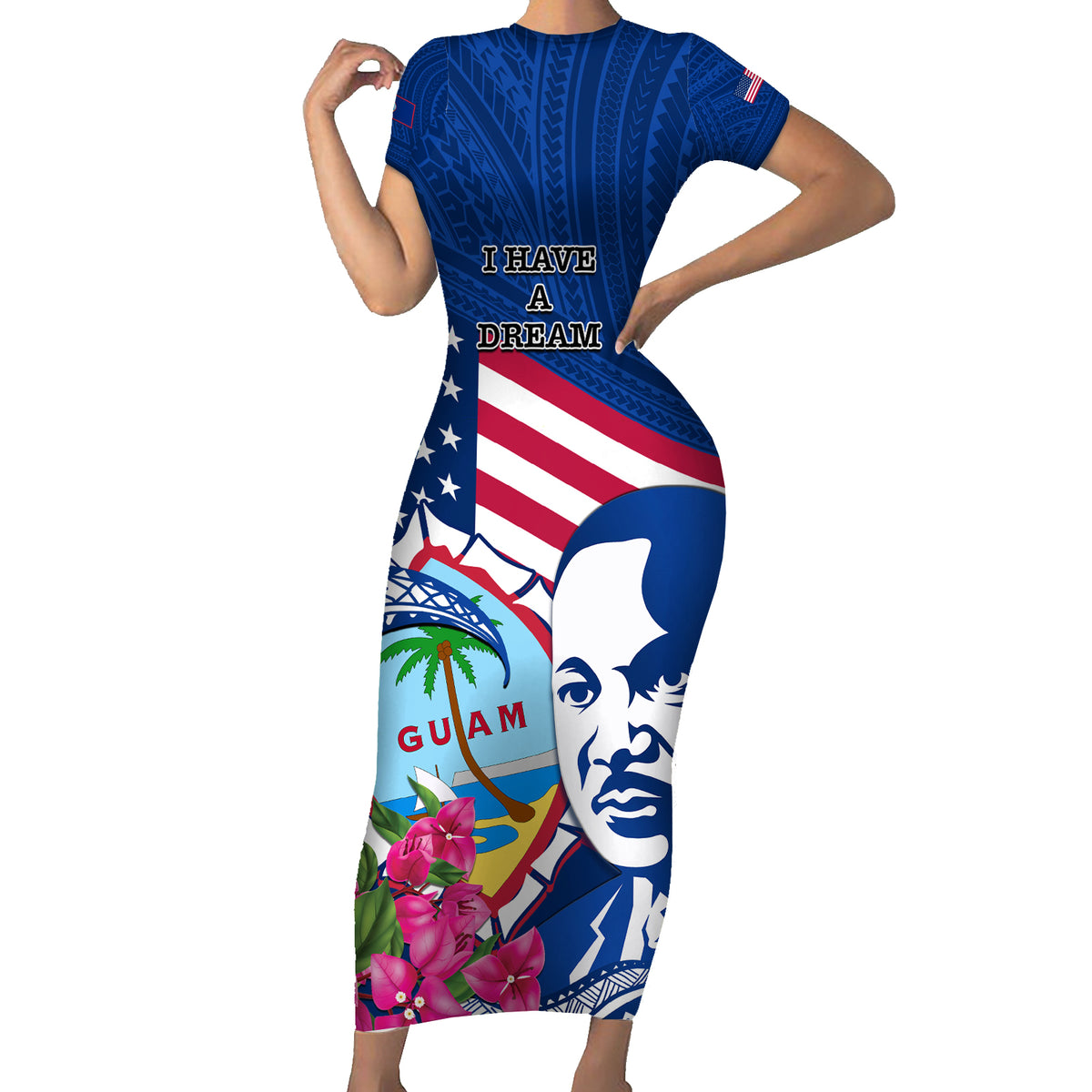 Guam Martin Luther King Jr Day Family Matching Short Sleeve Bodycon Dress and Hawaiian Shirt I Have A Dream Guahan Seal With Bougainvillea LT14 Mom's Dress Blue - Polynesian Pride