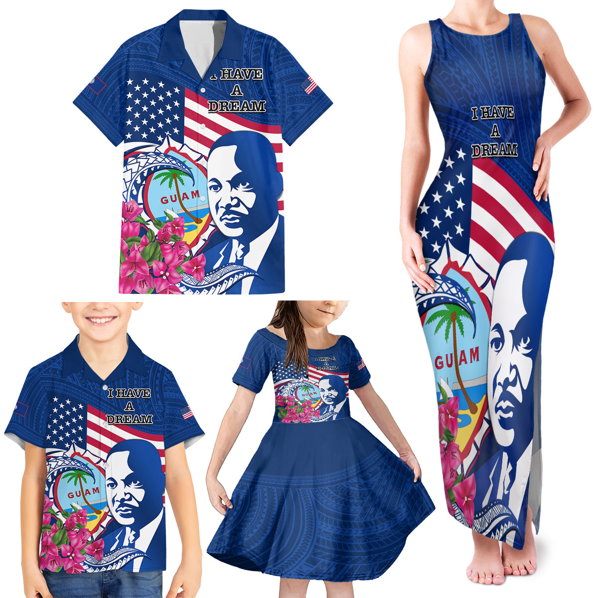 Guam Martin Luther King Jr Day Family Matching Tank Maxi Dress and Hawaiian Shirt I Have A Dream Guahan Seal With Bougainvillea LT14 - Polynesian Pride