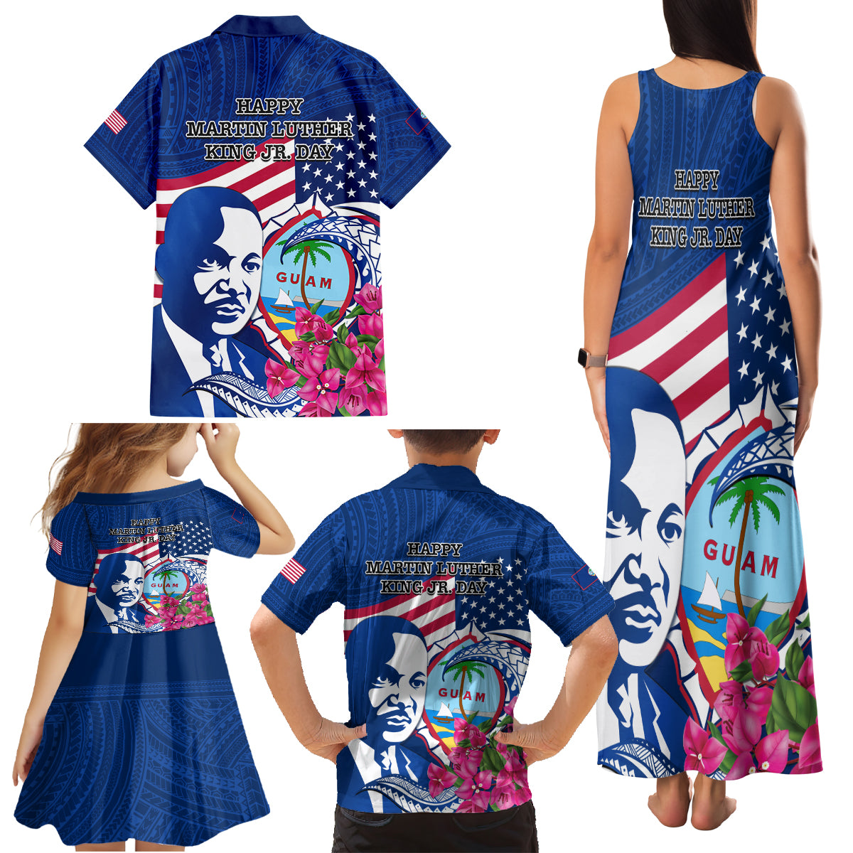 Guam Martin Luther King Jr Day Family Matching Tank Maxi Dress and Hawaiian Shirt I Have A Dream Guahan Seal With Bougainvillea LT14 - Polynesian Pride