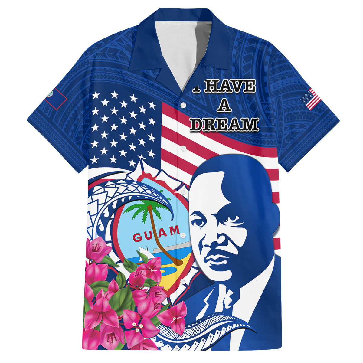 Guam Martin Luther King Jr Day Family Matching Tank Maxi Dress and Hawaiian Shirt I Have A Dream Guahan Seal With Bougainvillea LT14 Dad's Shirt - Short Sleeve Blue - Polynesian Pride