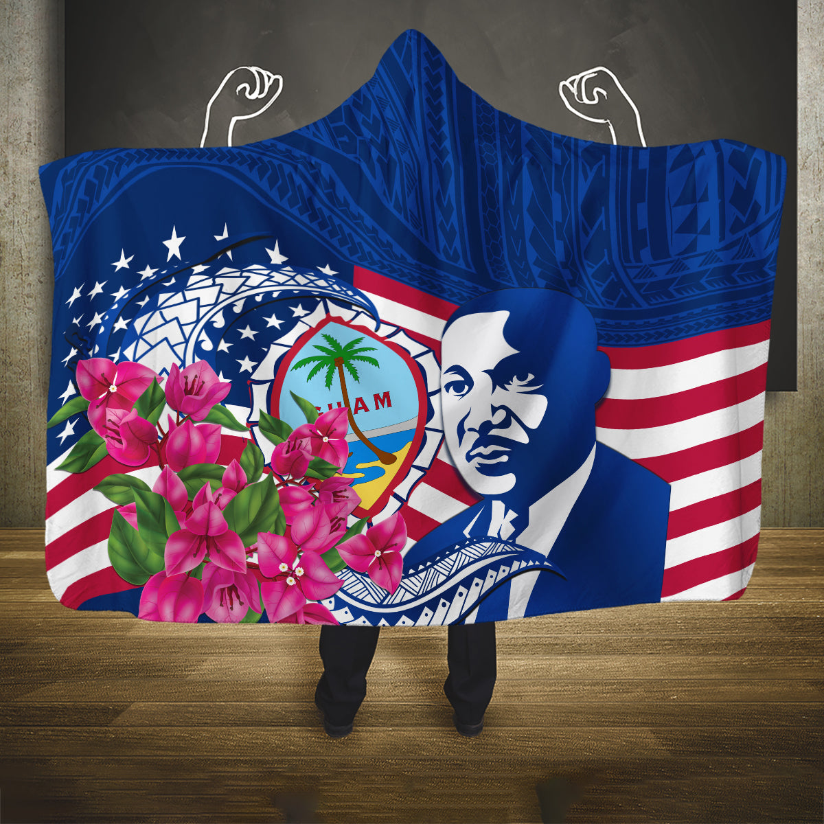 Guam Martin Luther King Jr Day Hooded Blanket I Have A Dream Guahan Seal With Bougainvillea LT14 One Size Blue - Polynesian Pride