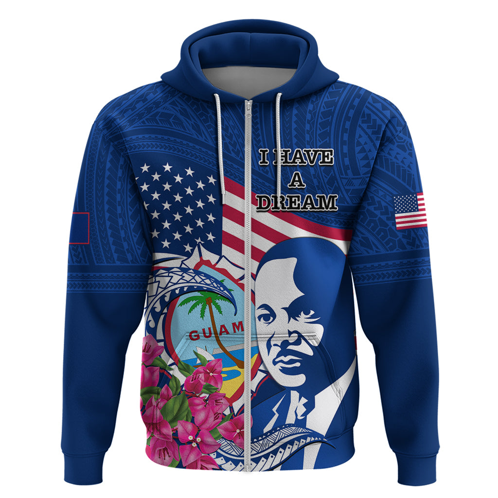 Guam Martin Luther King Jr Day Hoodie I Have A Dream Guahan Seal With Bougainvillea LT14 Zip Hoodie Blue - Polynesian Pride