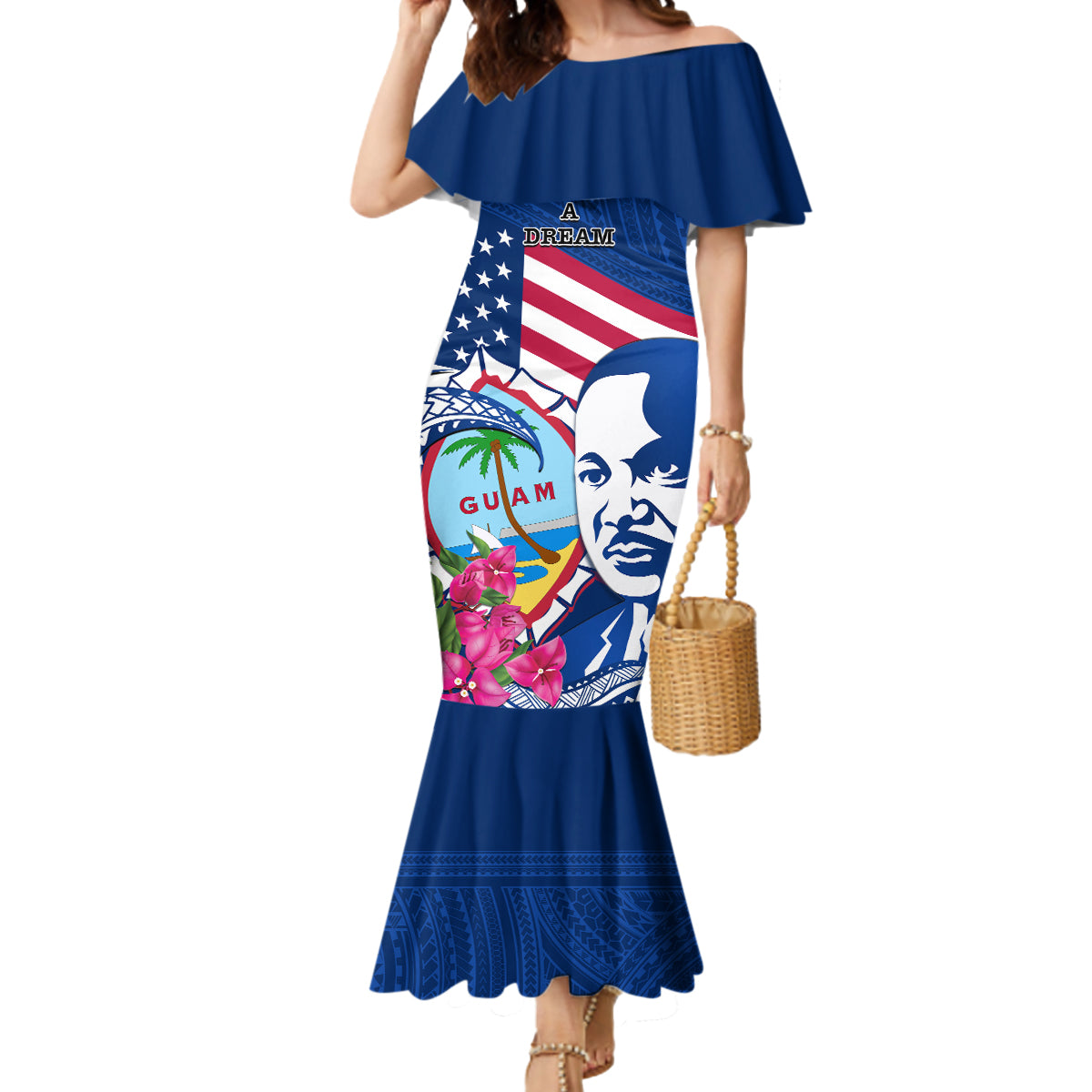 Guam Martin Luther King Jr Day Mermaid Dress I Have A Dream Guahan Seal With Bougainvillea LT14 Women Blue - Polynesian Pride